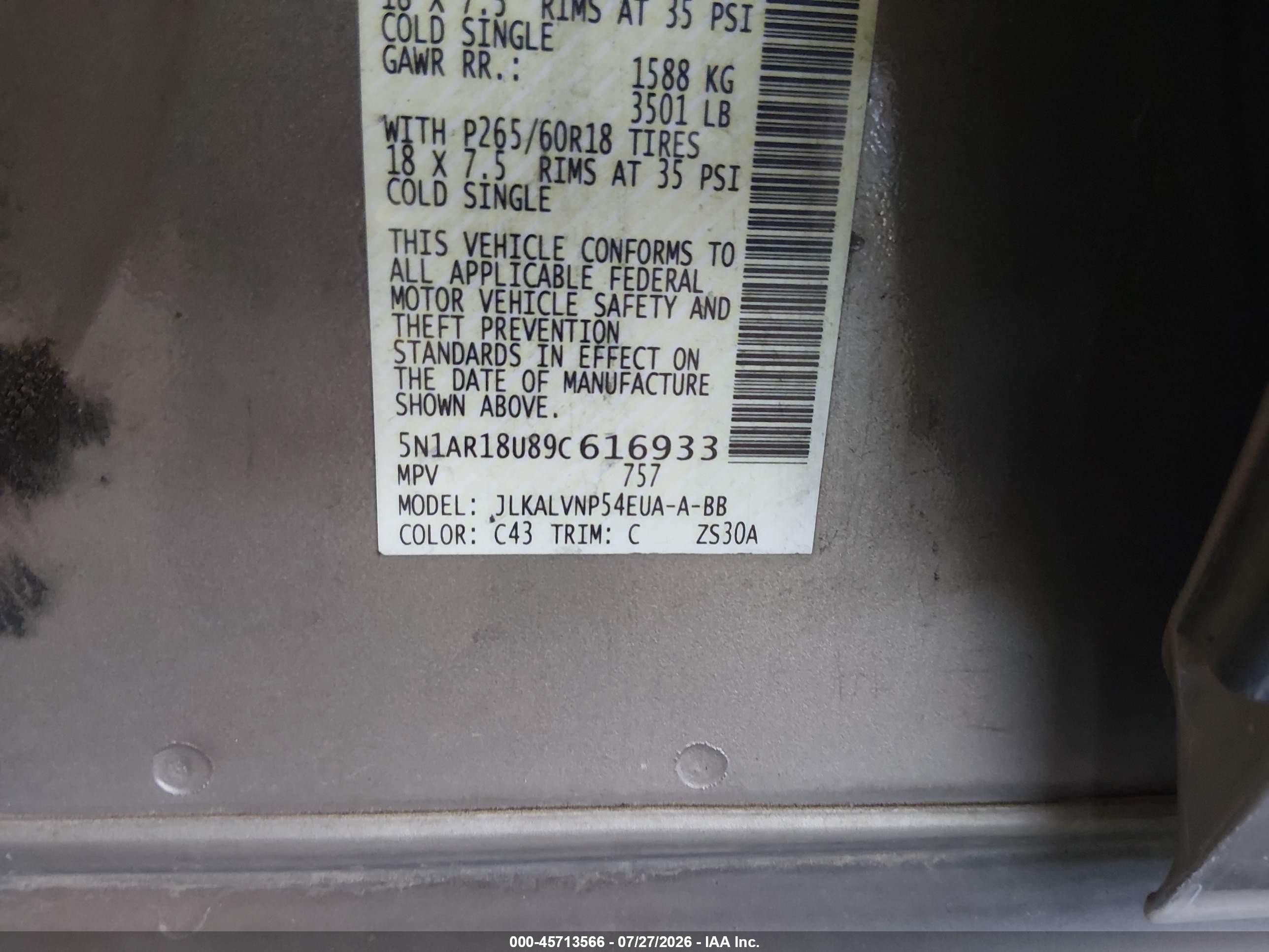 2009 Nissan Pathfinder Le Gray vin: 5N1AR18U89C616933