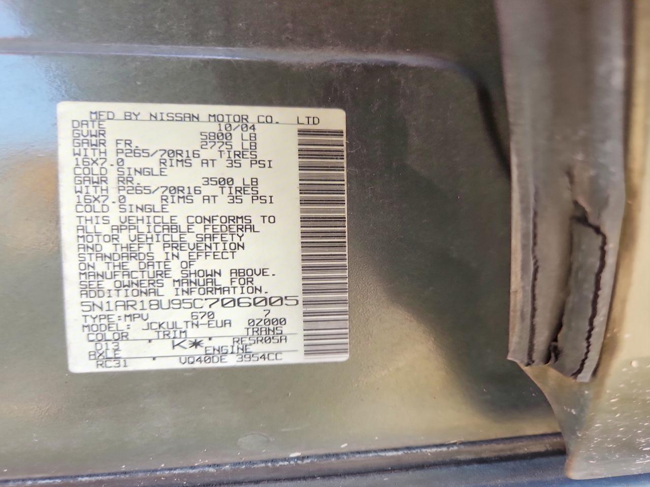2005 Nissan Pathfinder Xe Green vin: 5N1AR18U95C706005