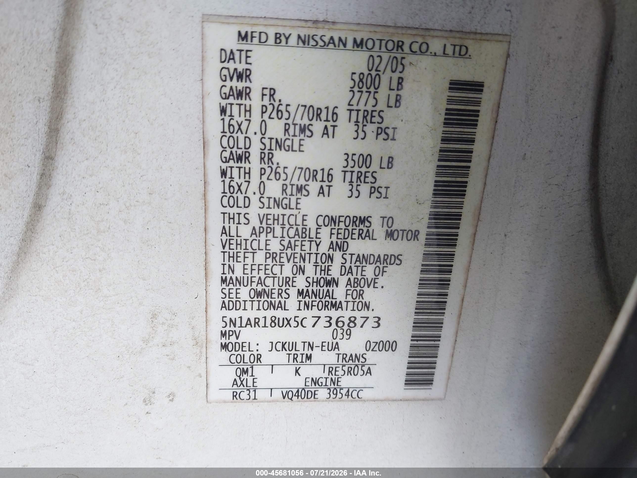 2005 Nissan Pathfinder Se White vin: 5N1AR18UX5C736873