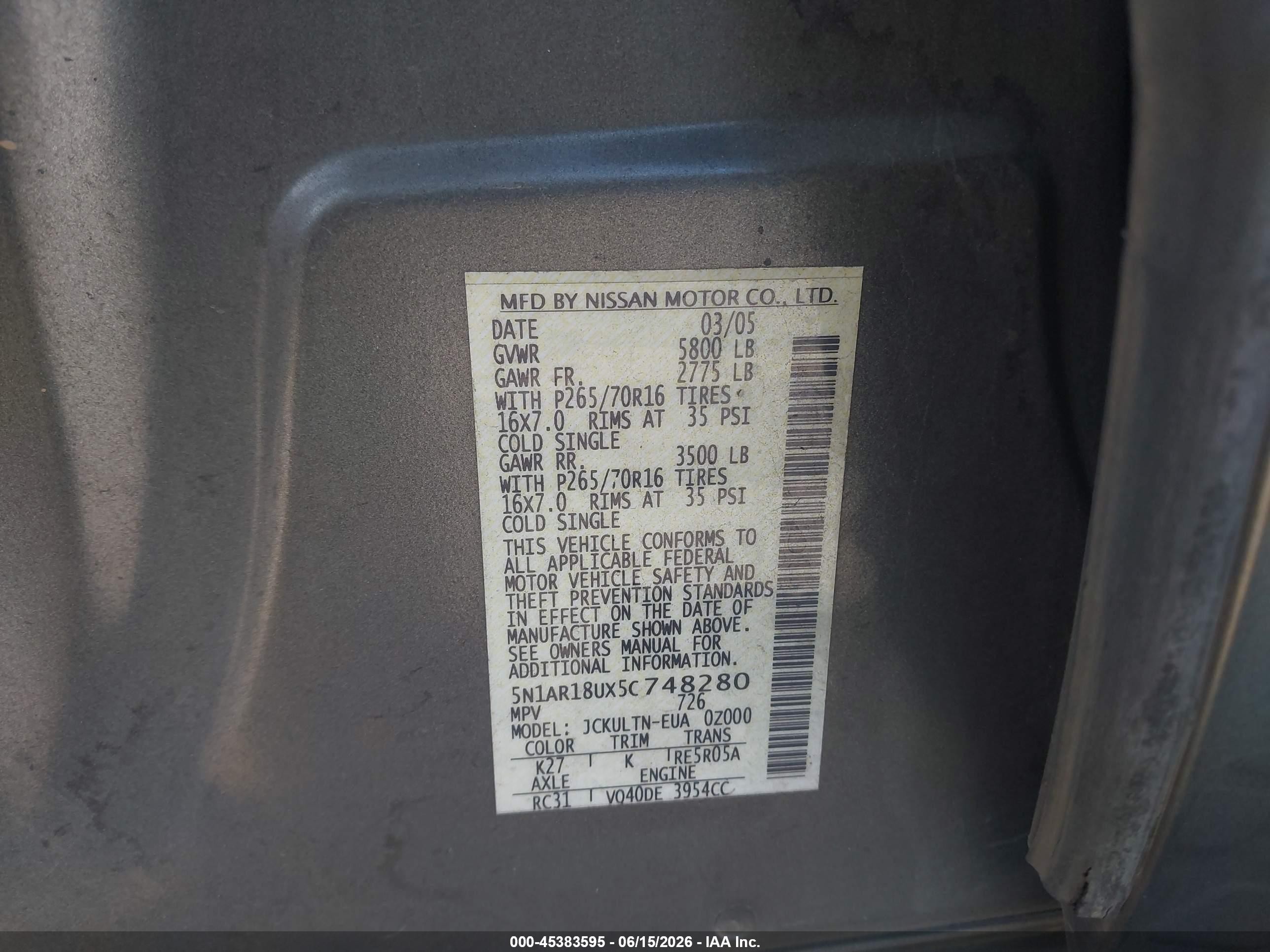 2005 Nissan Pathfinder Se Gray vin: 5N1AR18UX5C748280