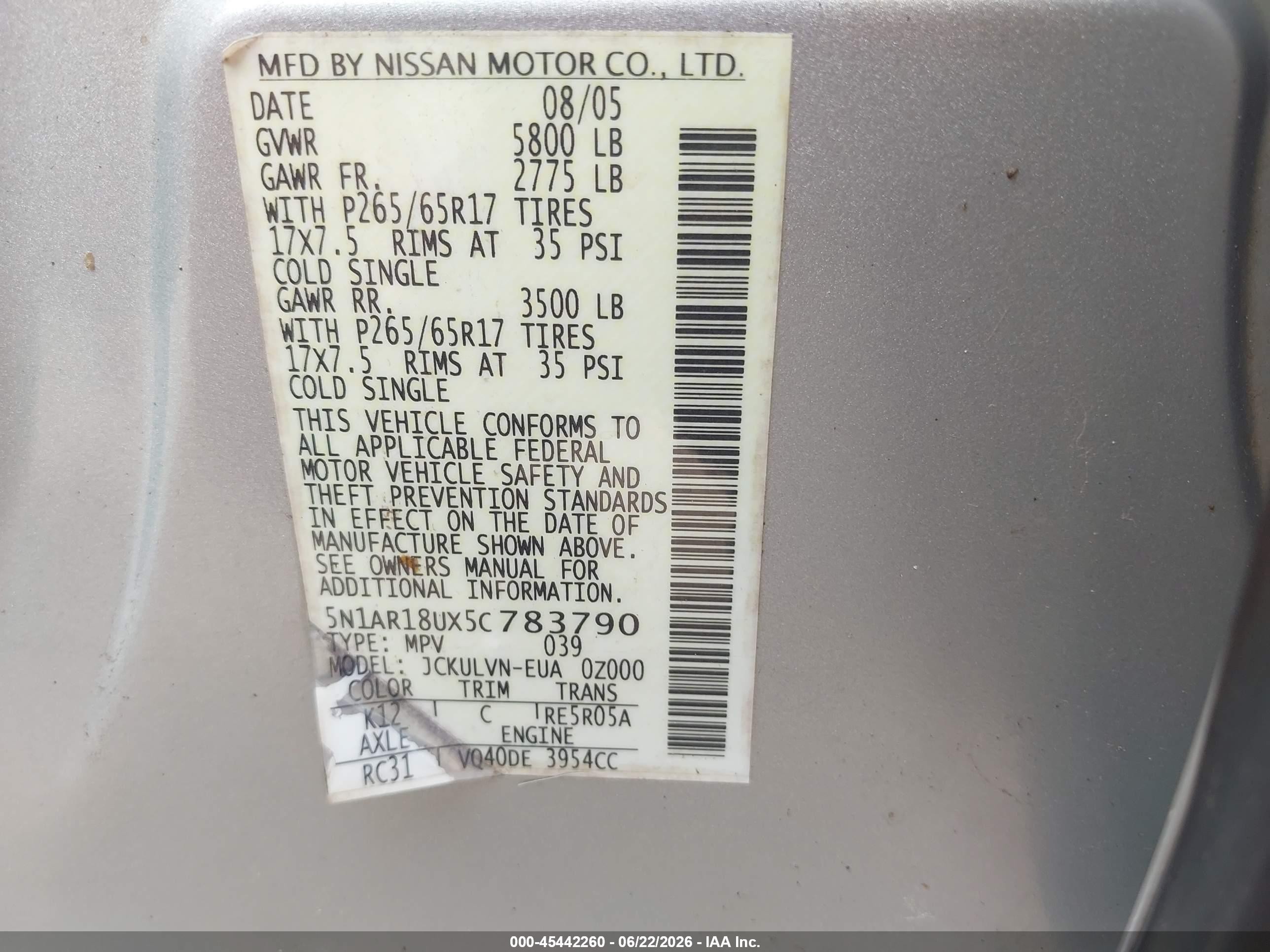 2005 Nissan Pathfinder Le Silver vin: 5N1AR18UX5C783790