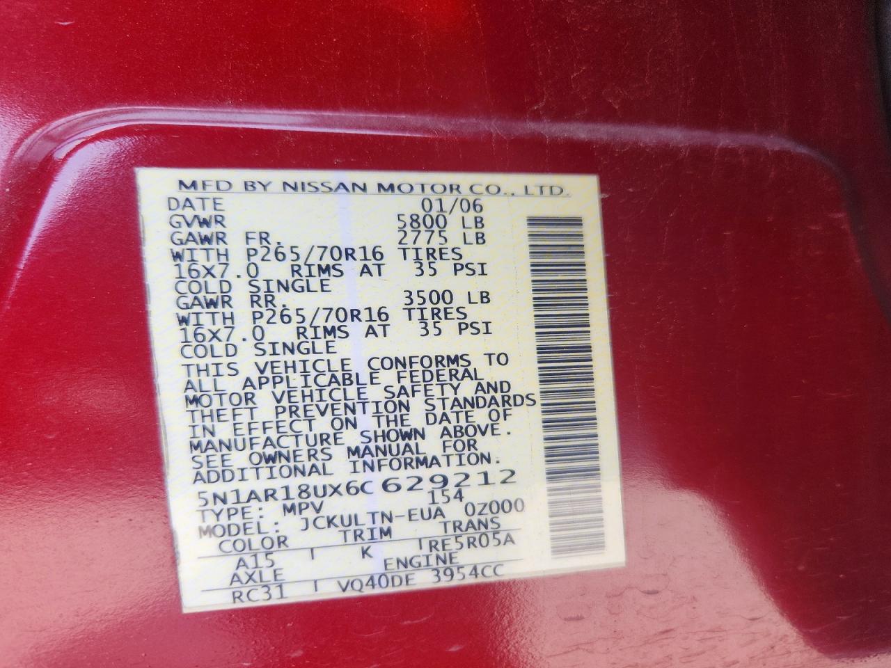2006 Nissan Pathfinder S Red vin: 5N1AR18UX6C629212