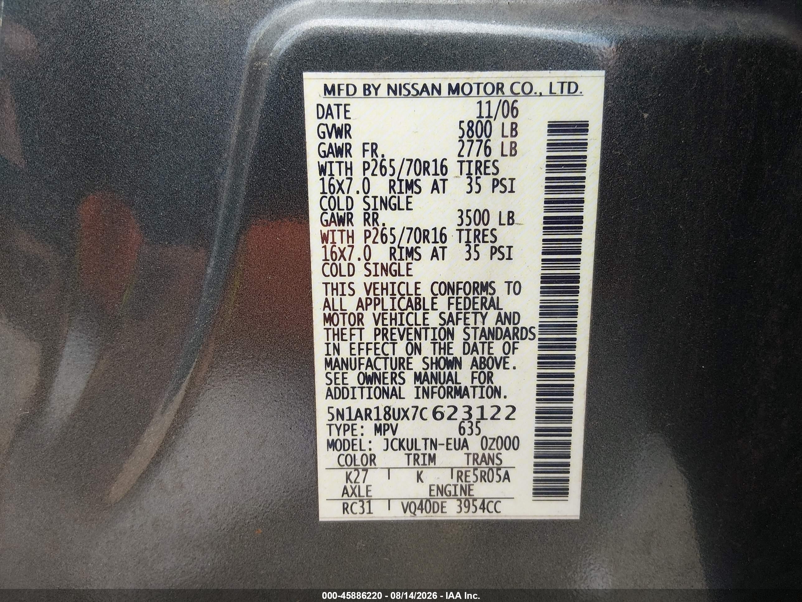 2007 Nissan Pathfinder Se Gray vin: 5N1AR18UX7C623122