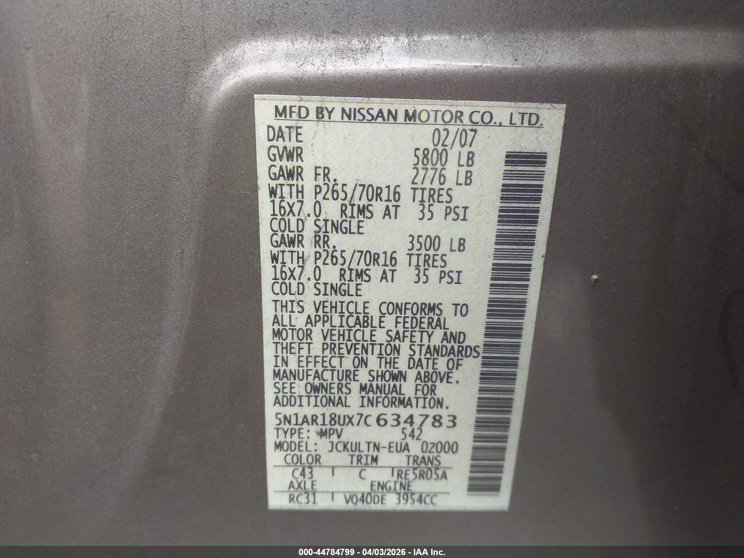2007 Nissan Pathfinder Se Tan vin: 5N1AR18UX7C634783