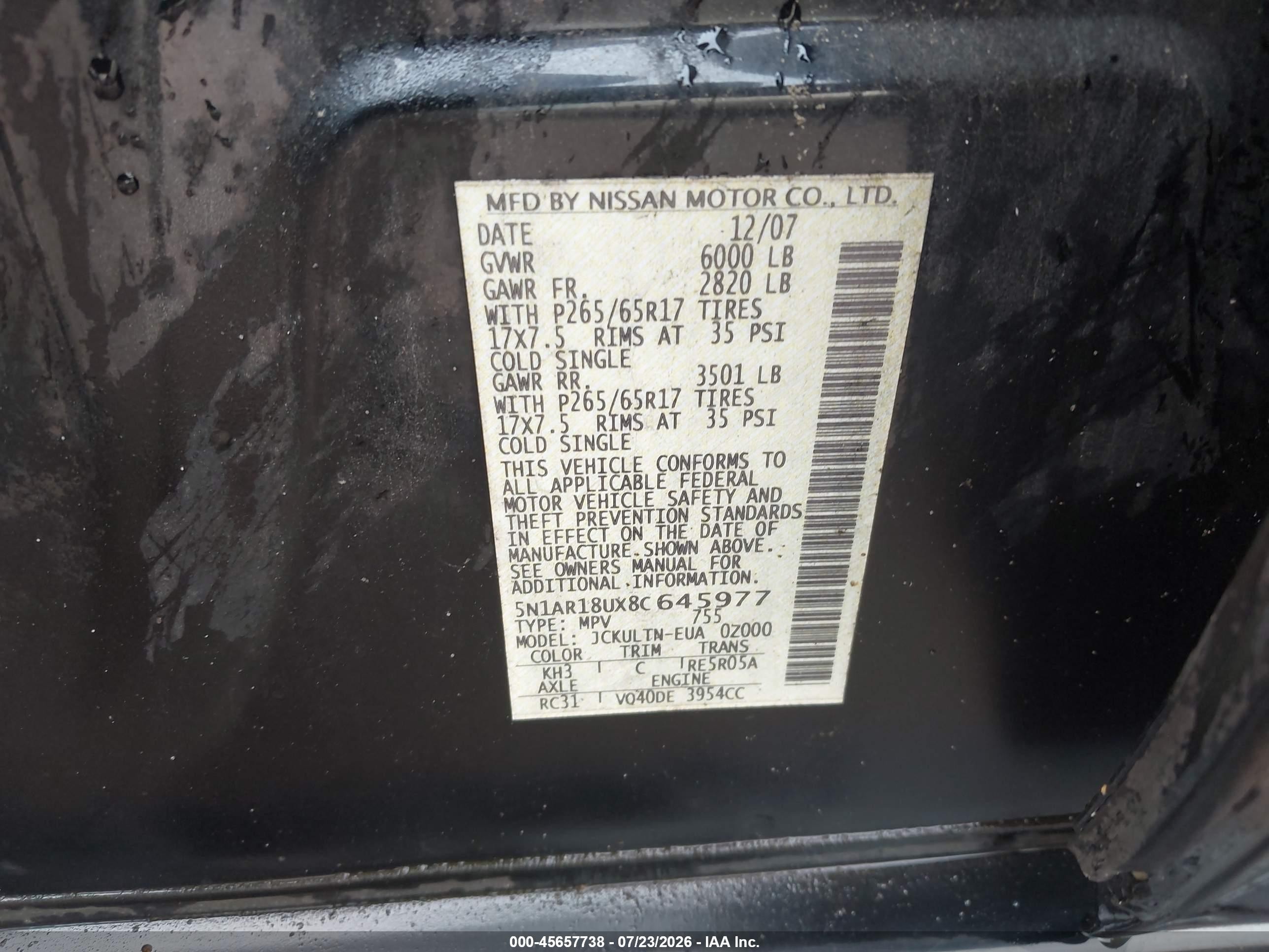 2008 Nissan Pathfinder Se Black vin: 5N1AR18UX8C645977