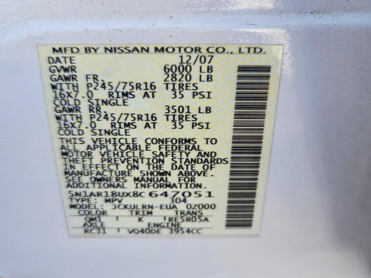 2008 Nissan Pathfinder S White vin: 5N1AR18UX8C647051