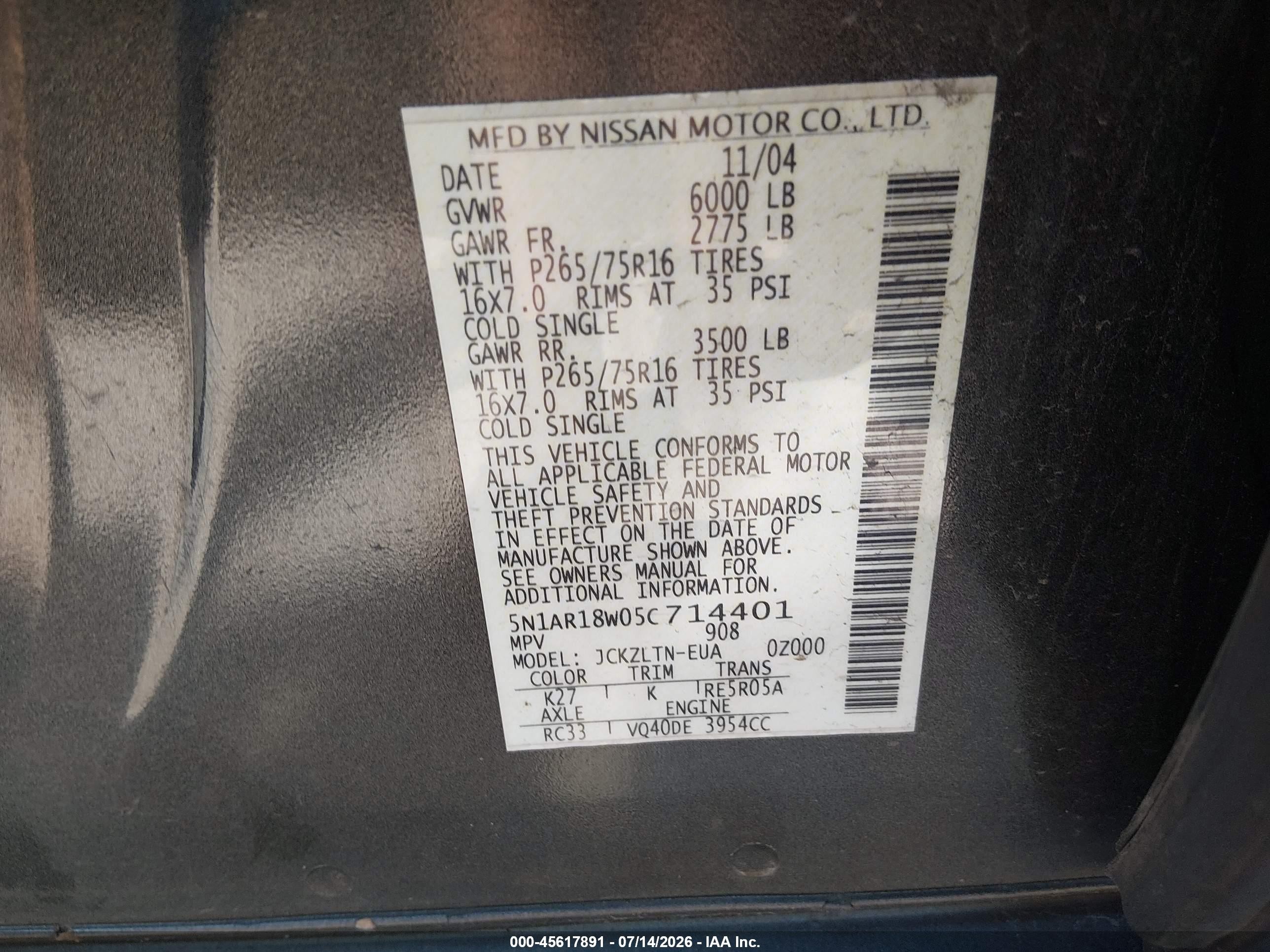 2005 Nissan Pathfinder Se Off-road Gray vin: 5N1AR18W05C714401