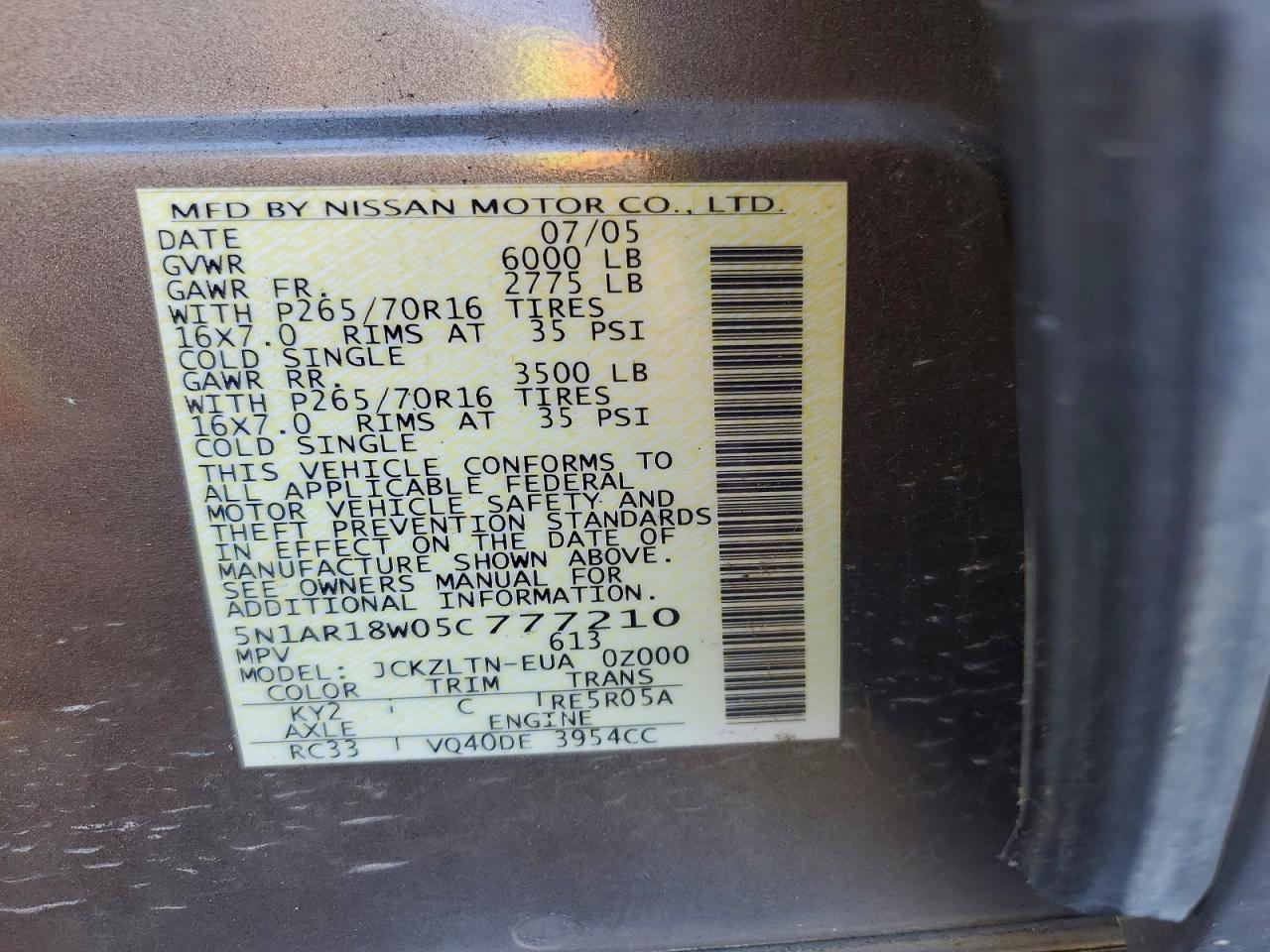 2005 Nissan Pathfinder Xe Gold vin: 5N1AR18W05C777210