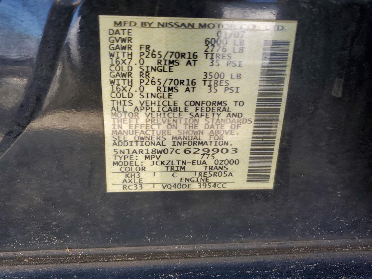 2007 Nissan Pathfinder S Black vin: 5N1AR18W07C629903