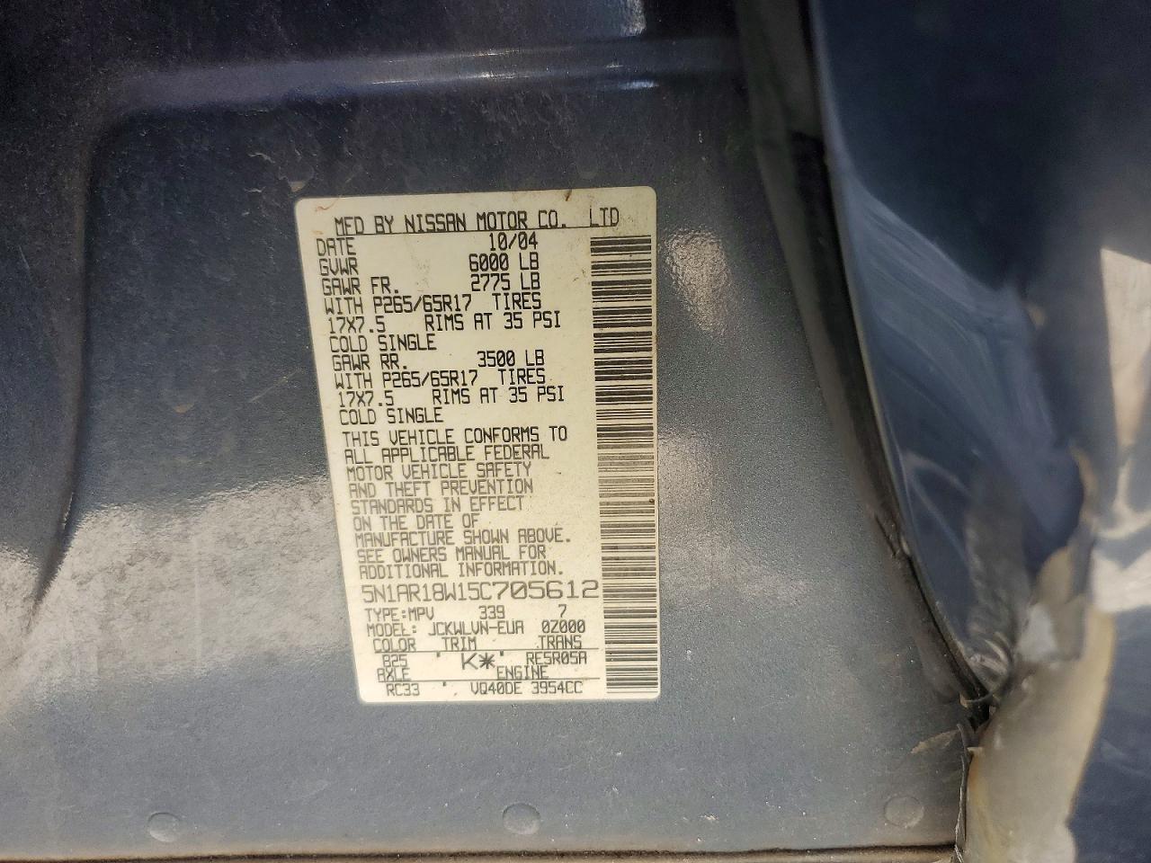 2005 Nissan Pathfinder Xe Серый vin: 5N1AR18W15C705612