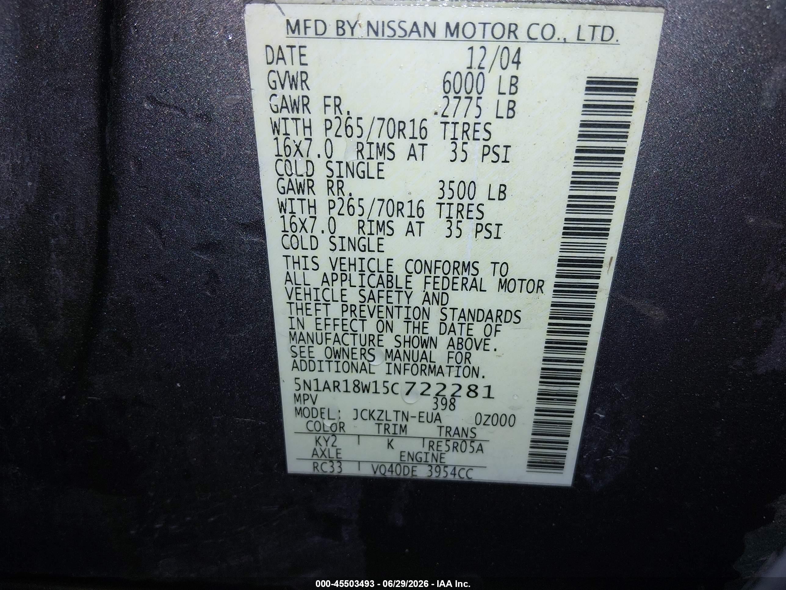 2005 Nissan Pathfinder Se Gray vin: 5N1AR18W15C722281