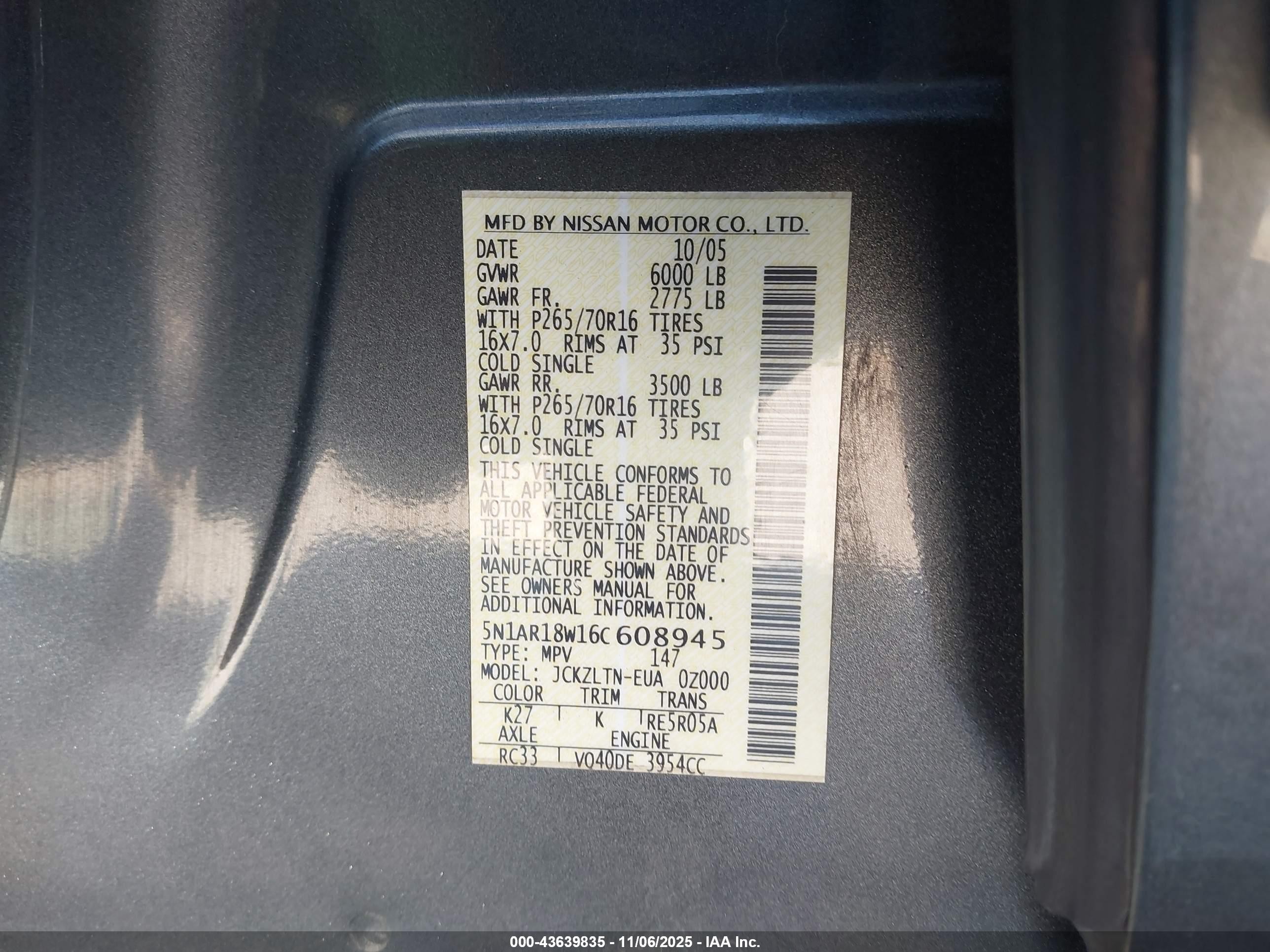 2006 Nissan Pathfinder Se Gray vin: 5N1AR18W16C608945