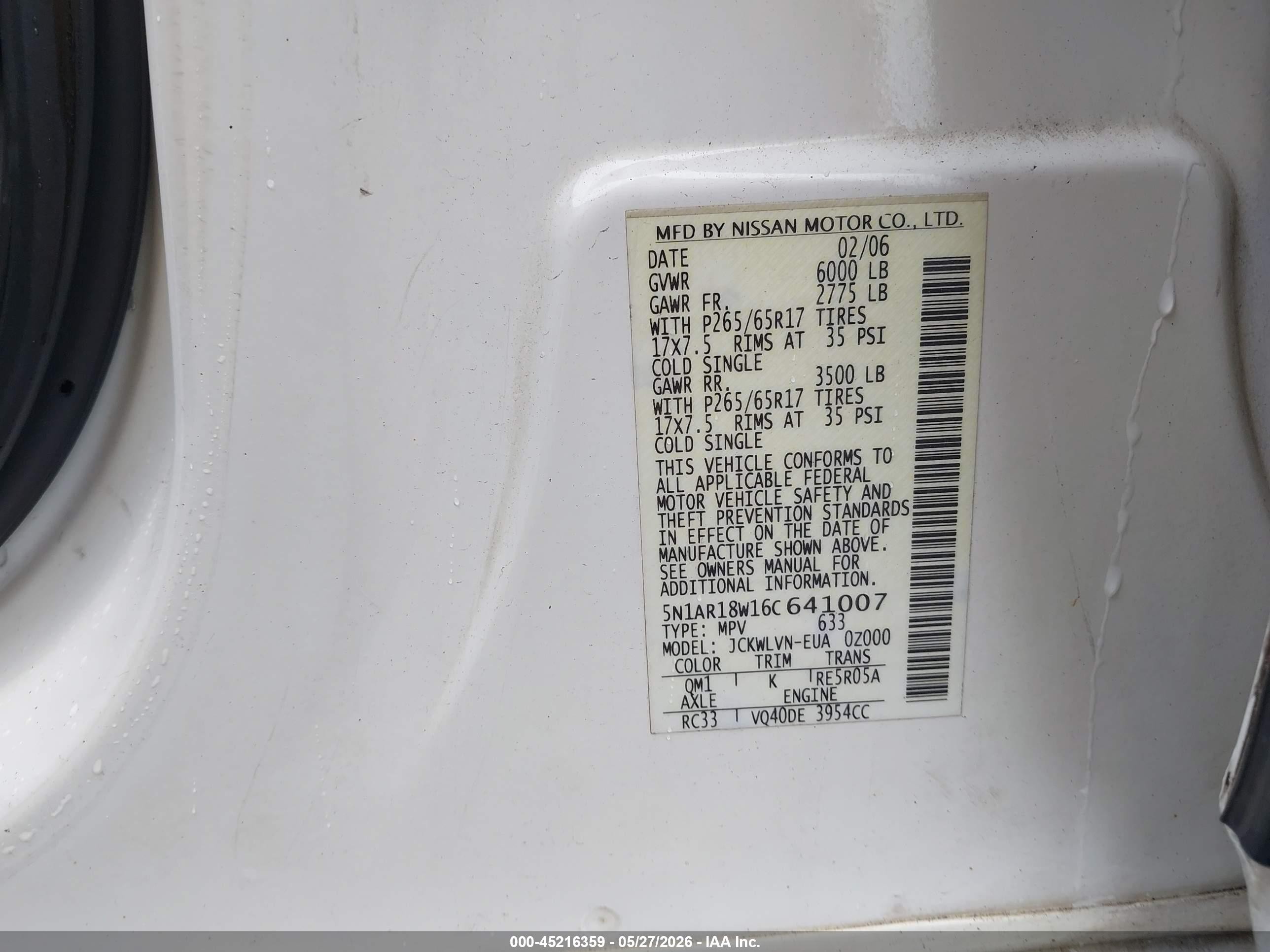 2006 Nissan Pathfinder Le White vin: 5N1AR18W16C641007