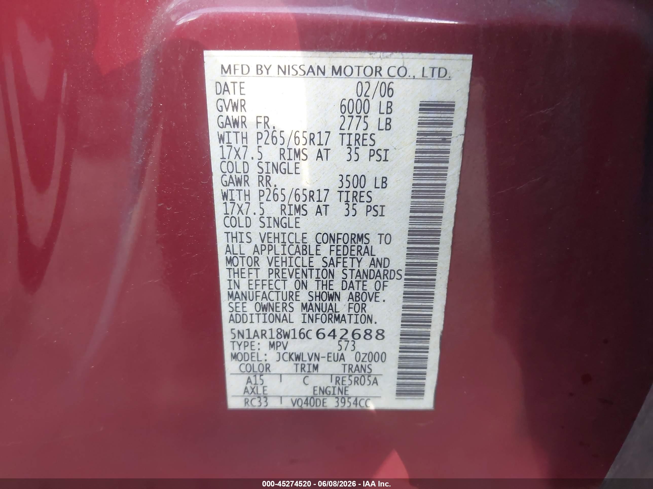 2006 Nissan Pathfinder Le Red vin: 5N1AR18W16C642688