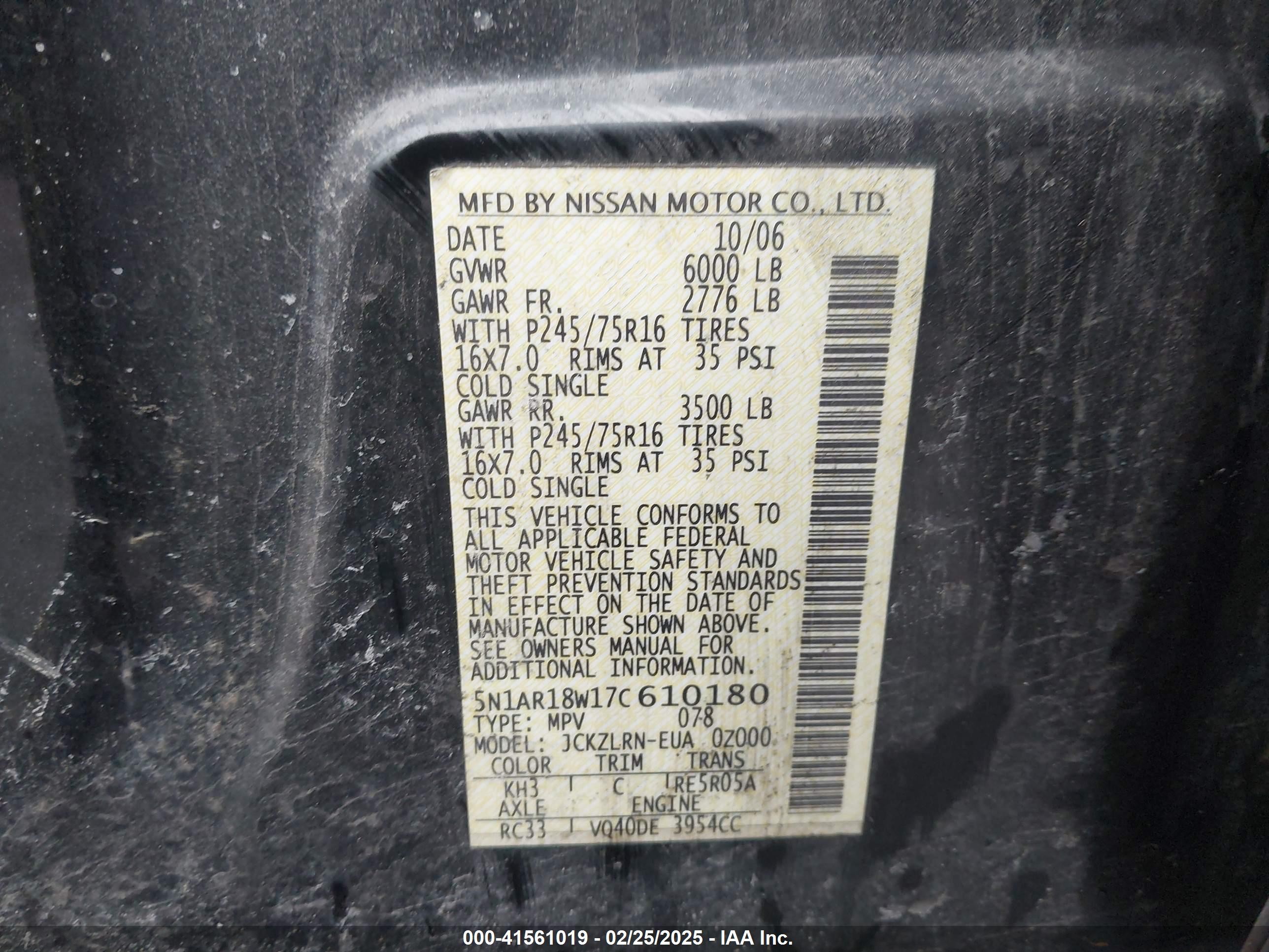 2007 Nissan Pathfinder S Black vin: 5N1AR18W17C610180