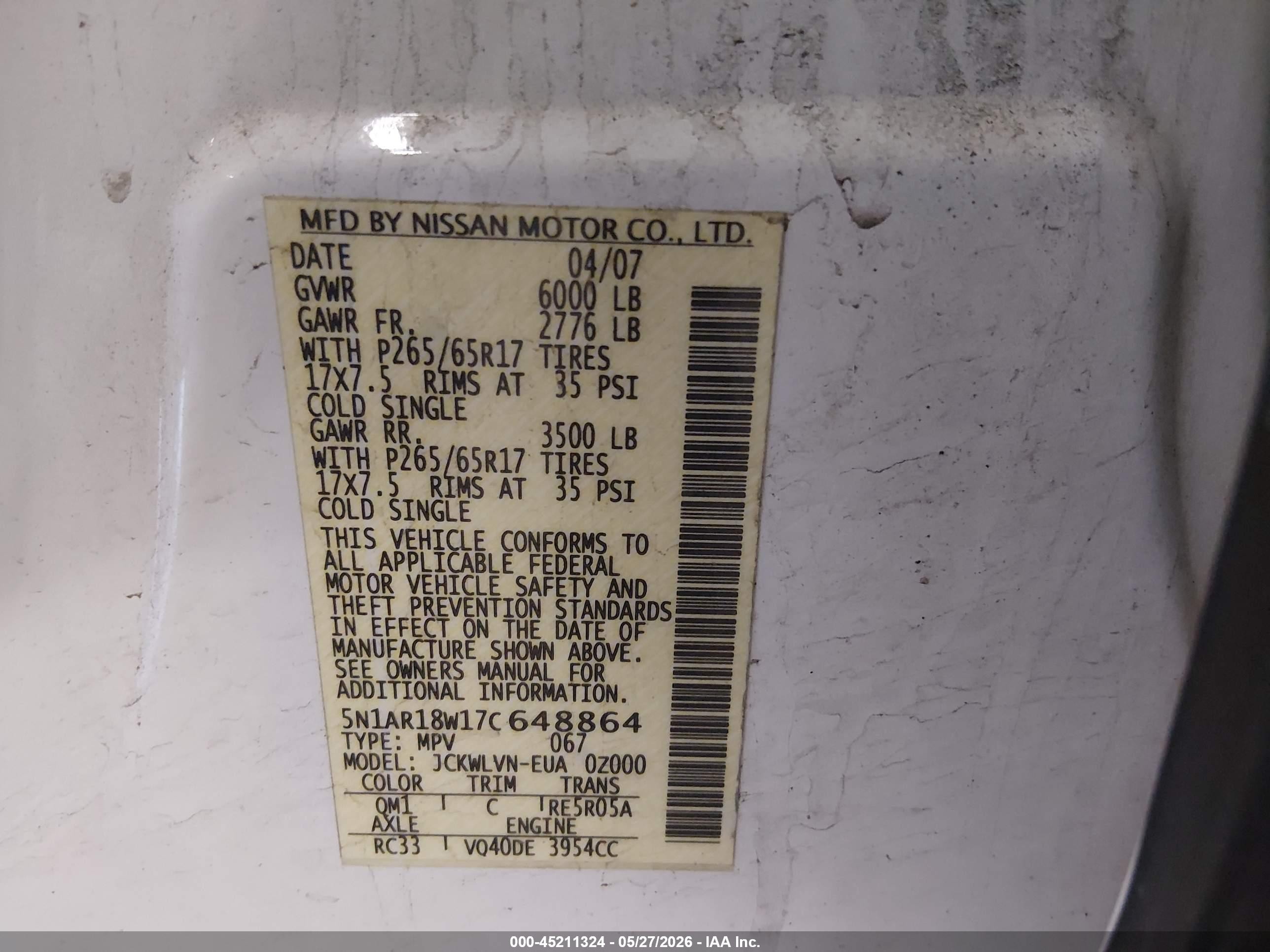 2007 Nissan Pathfinder Le White vin: 5N1AR18W17C648864