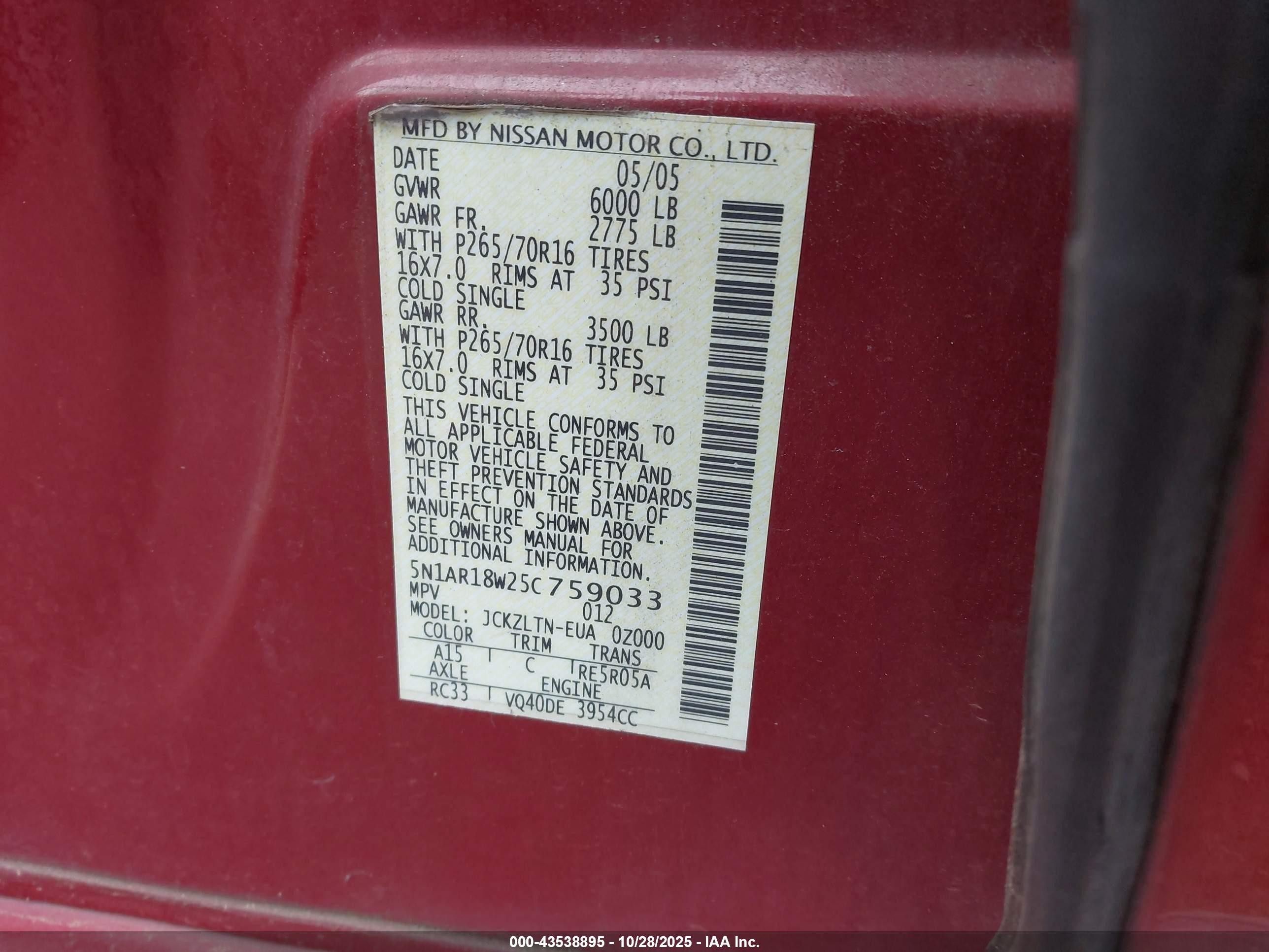 2005 Nissan Pathfinder Se Burgundy vin: 5N1AR18W25C759033