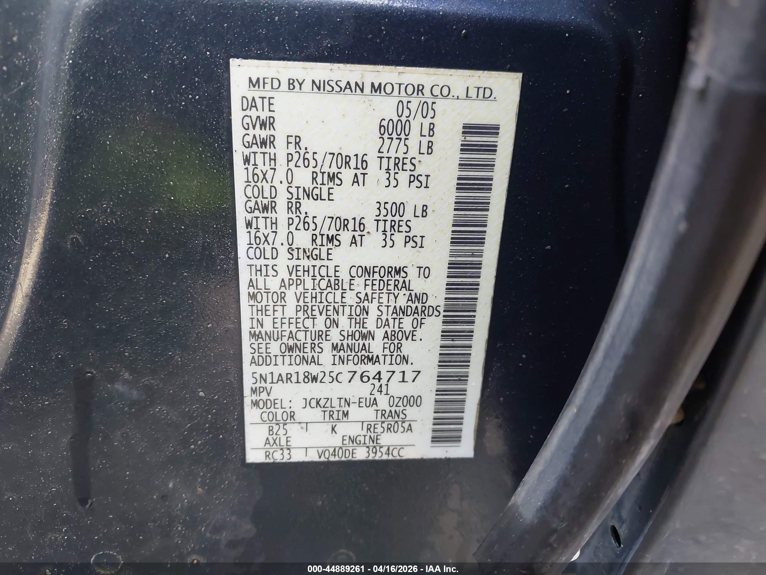 2005 Nissan Pathfinder Se Blue vin: 5N1AR18W25C764717