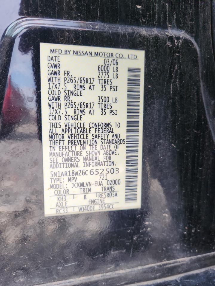 2006 Nissan Pathfinder Le Черный vin: 5N1AR18W26C652503