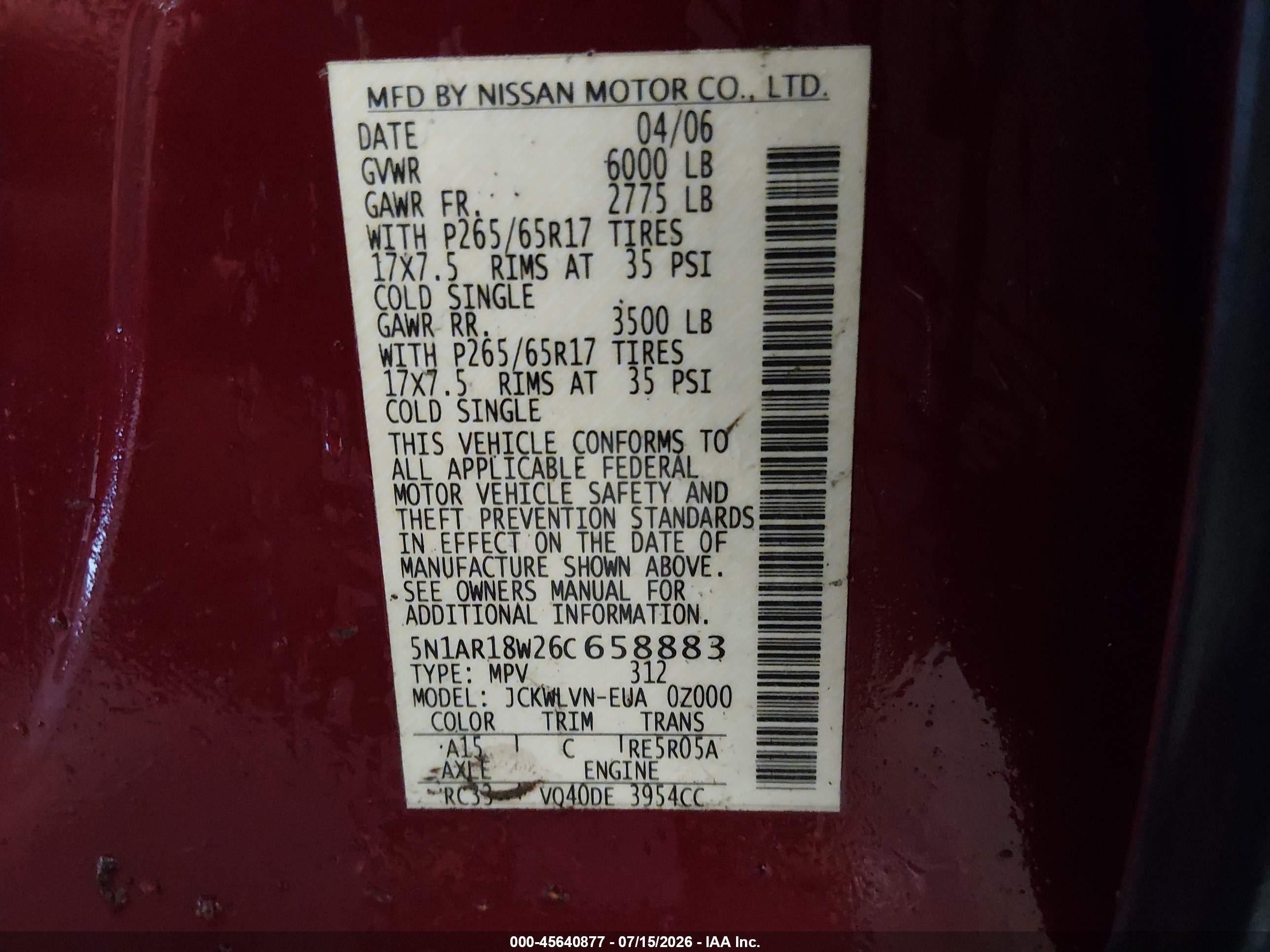 2006 Nissan Pathfinder Le Красный vin: 5N1AR18W26C658883
