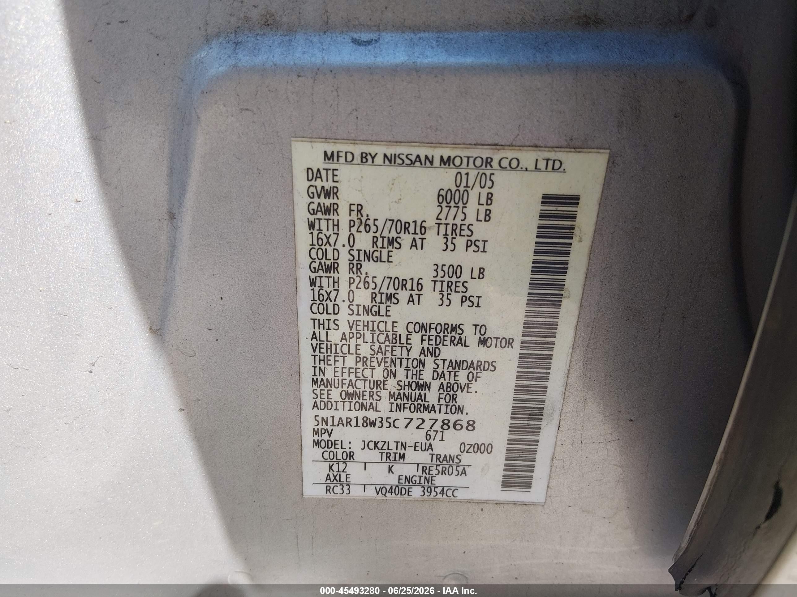 2005 Nissan Pathfinder Se Silver vin: 5N1AR18W35C727868