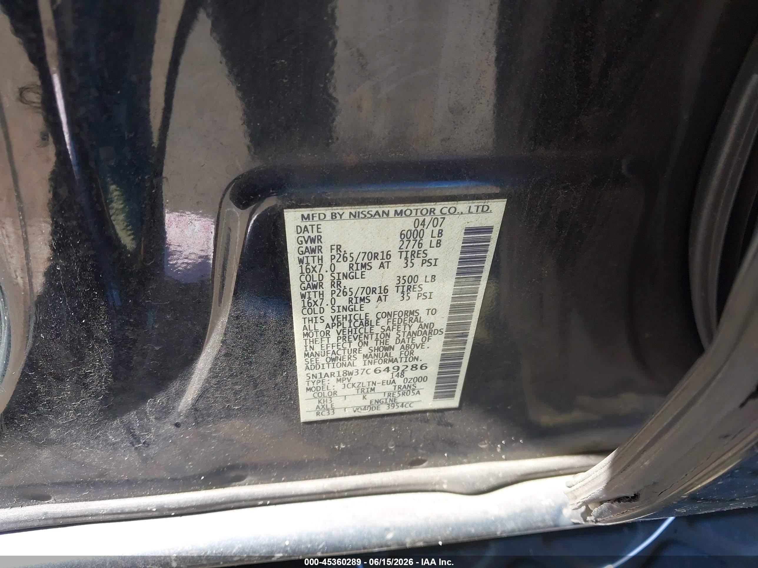 2007 Nissan Pathfinder Se Black vin: 5N1AR18W37C649286