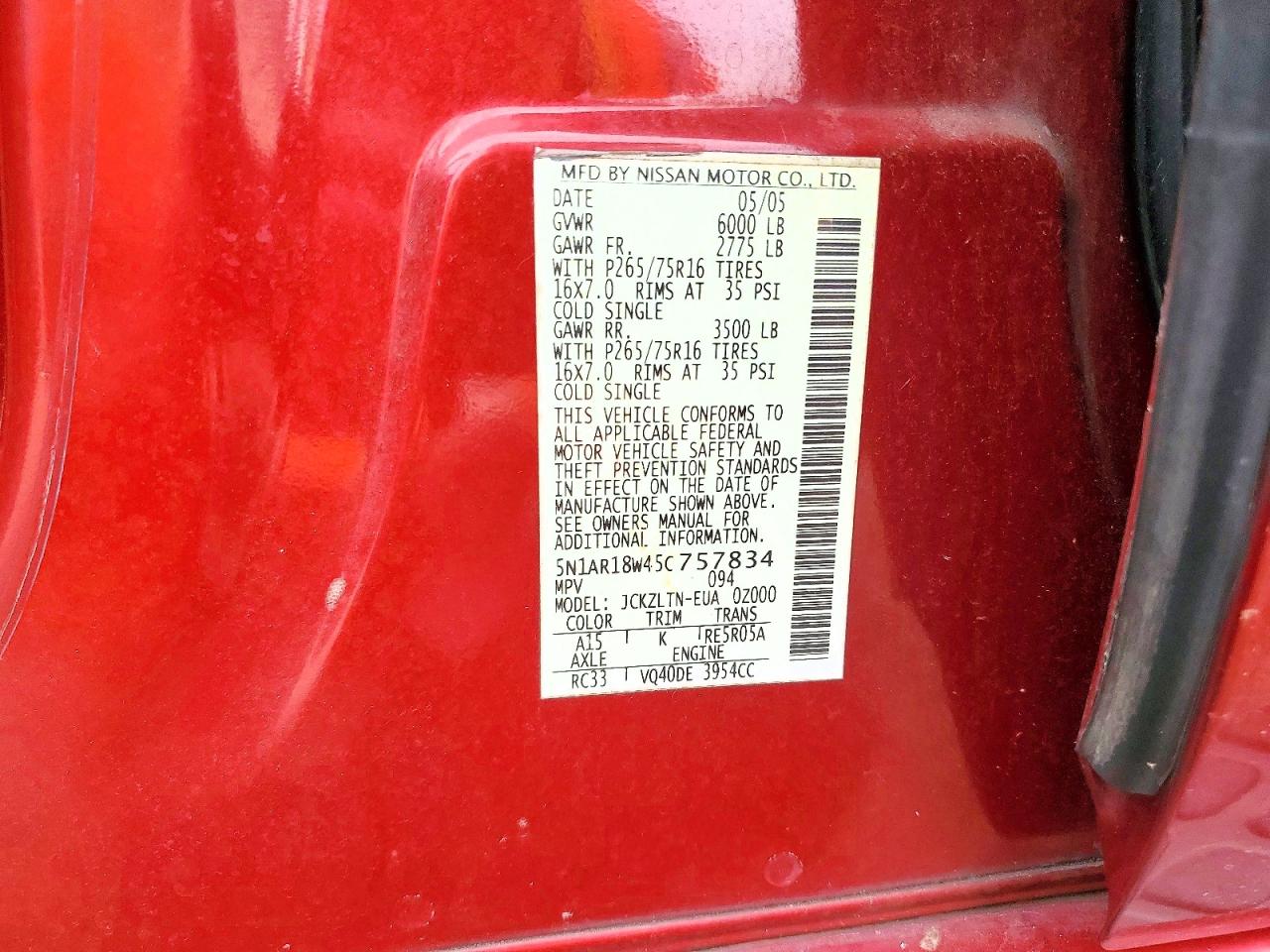 2005 Nissan Pathfinder Xe Red vin: 5N1AR18W45C757834