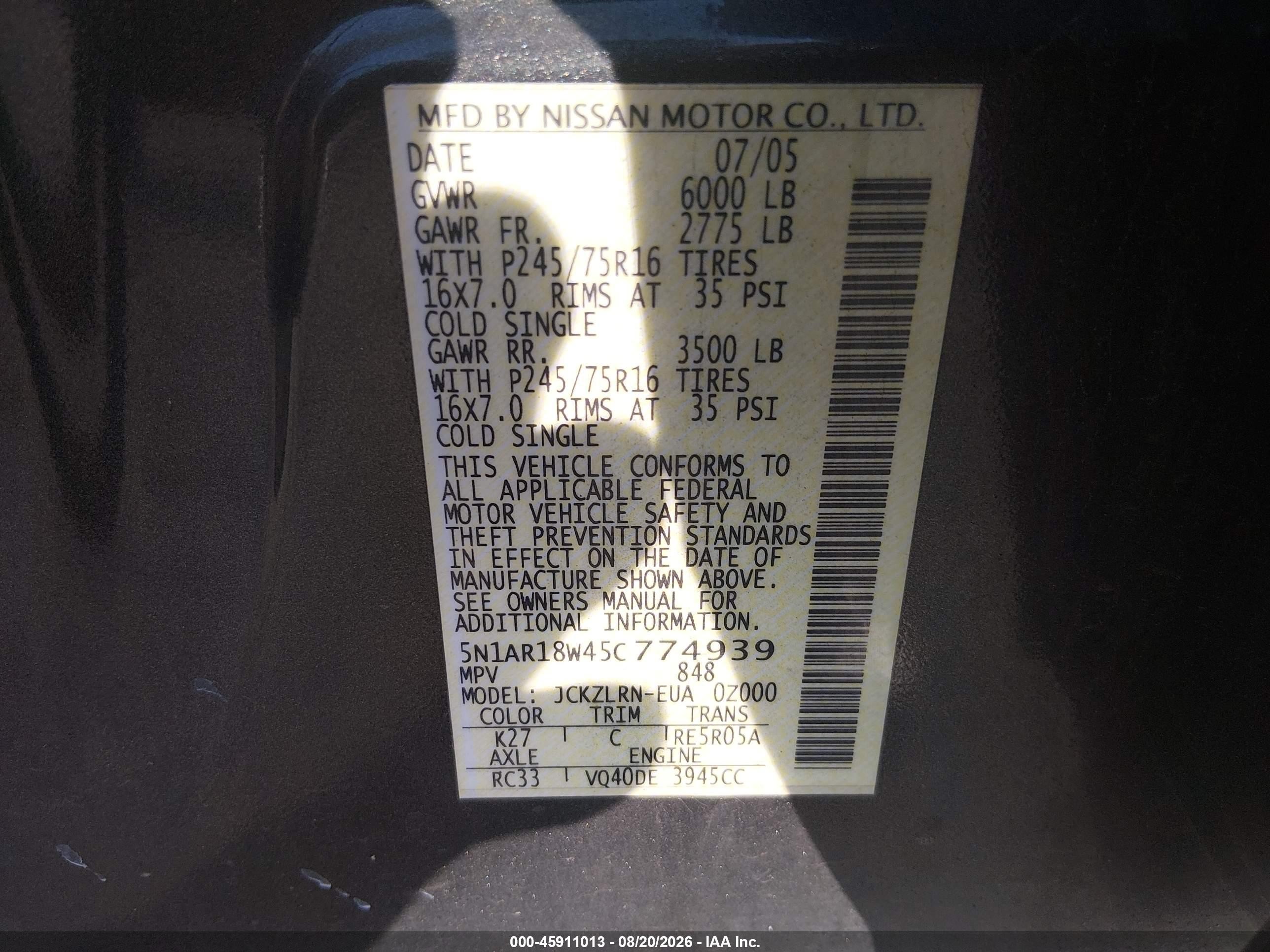2005 Nissan Pathfinder Xe Gray vin: 5N1AR18W45C774939
