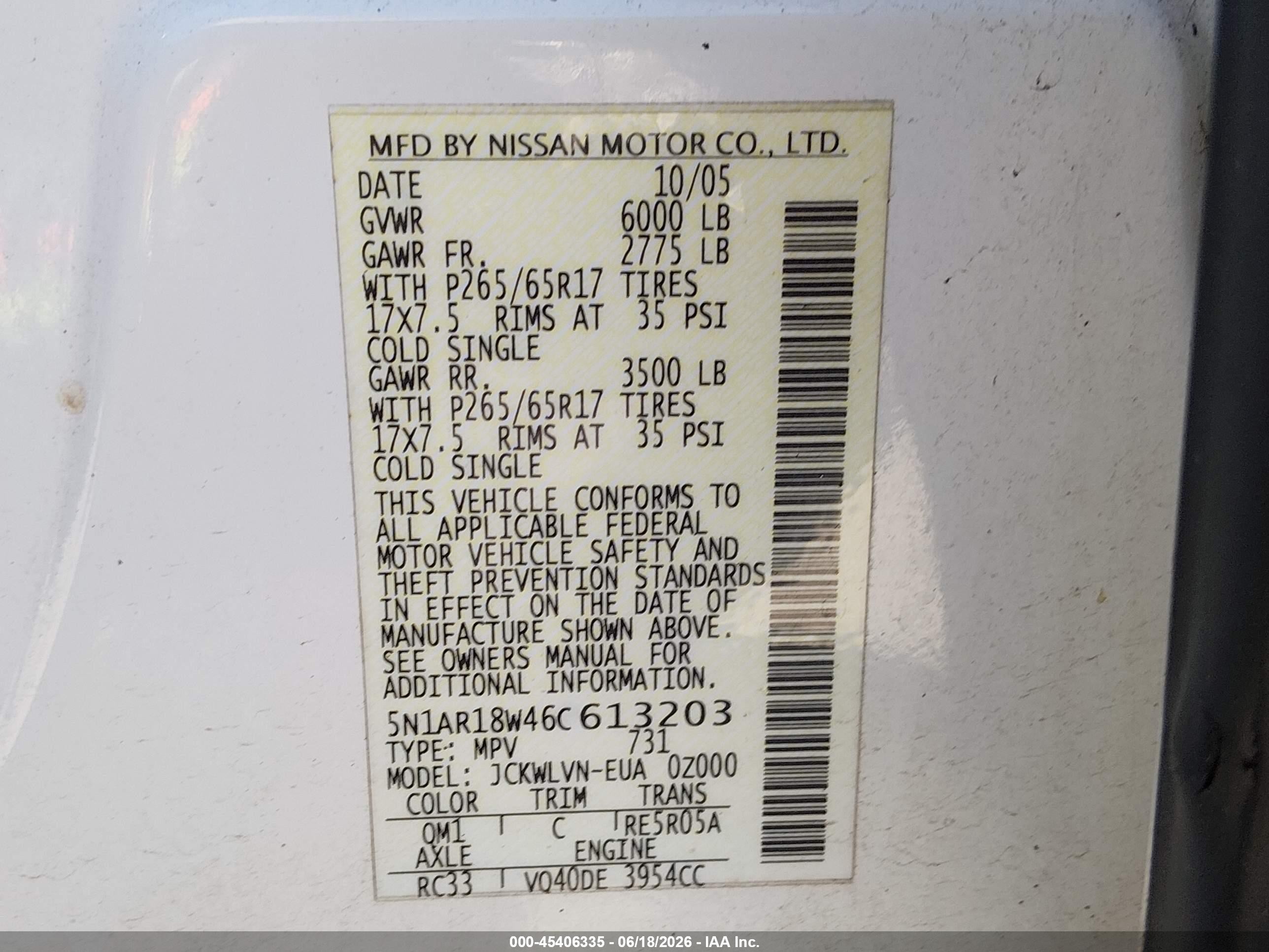 2006 Nissan Pathfinder Le White vin: 5N1AR18W46C613203