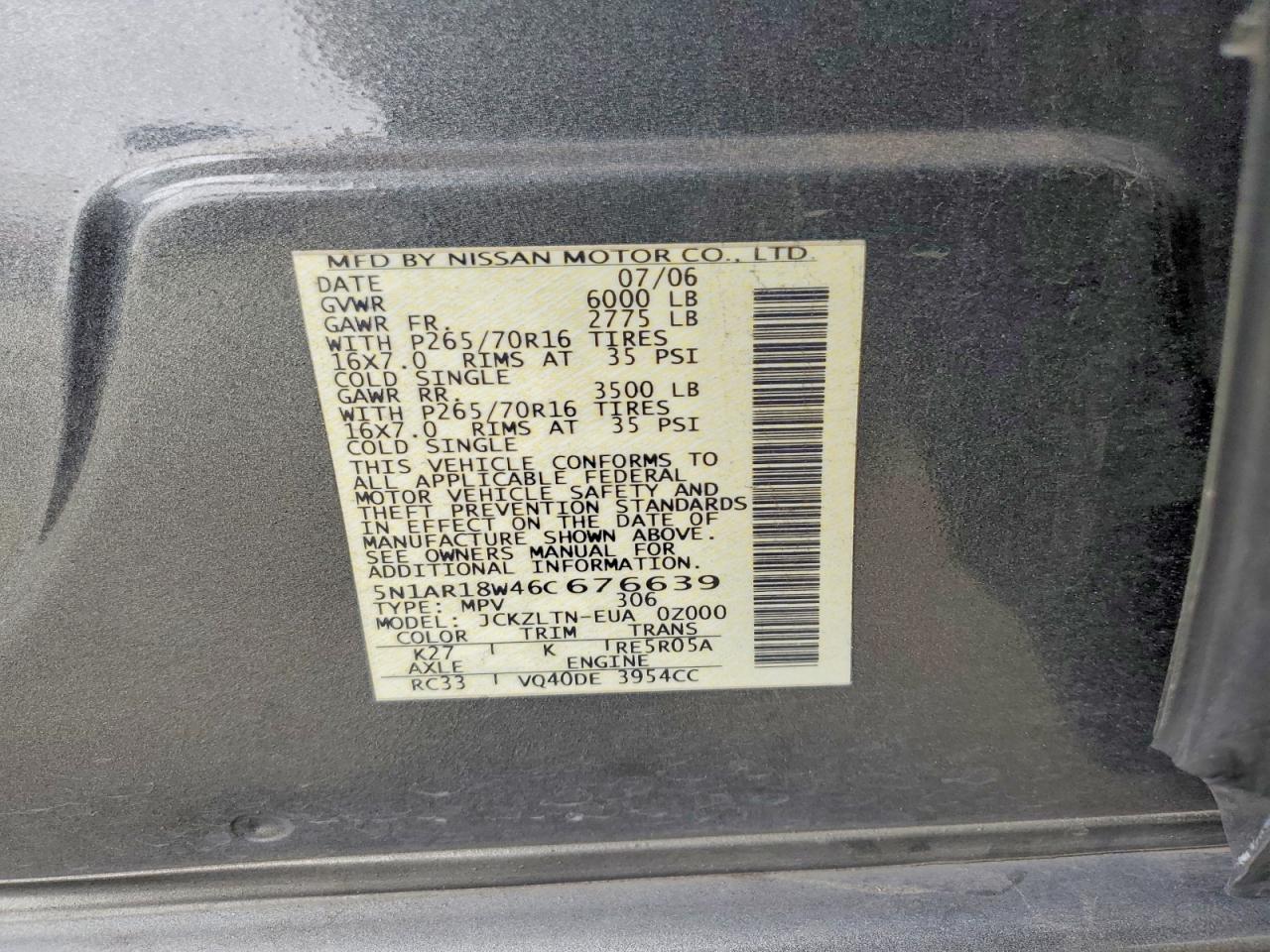 2006 Nissan Pathfinder S Gray vin: 5N1AR18W46C676639