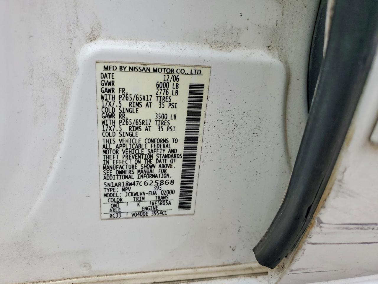 2007 Nissan Pathfinder S White vin: 5N1AR18W47C625868