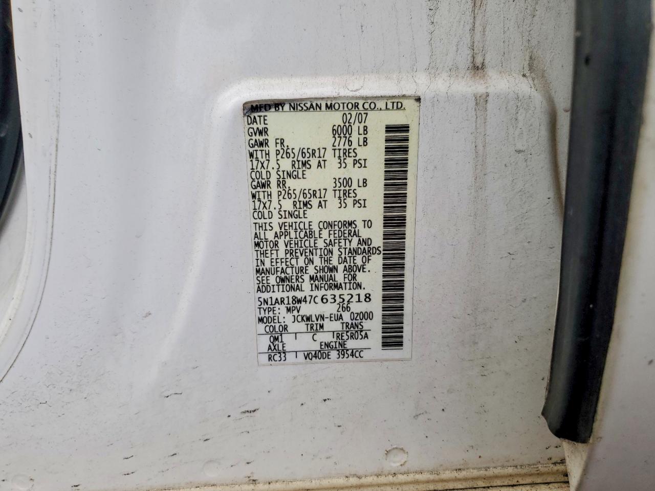 2007 Nissan Pathfinder S White vin: 5N1AR18W47C635218