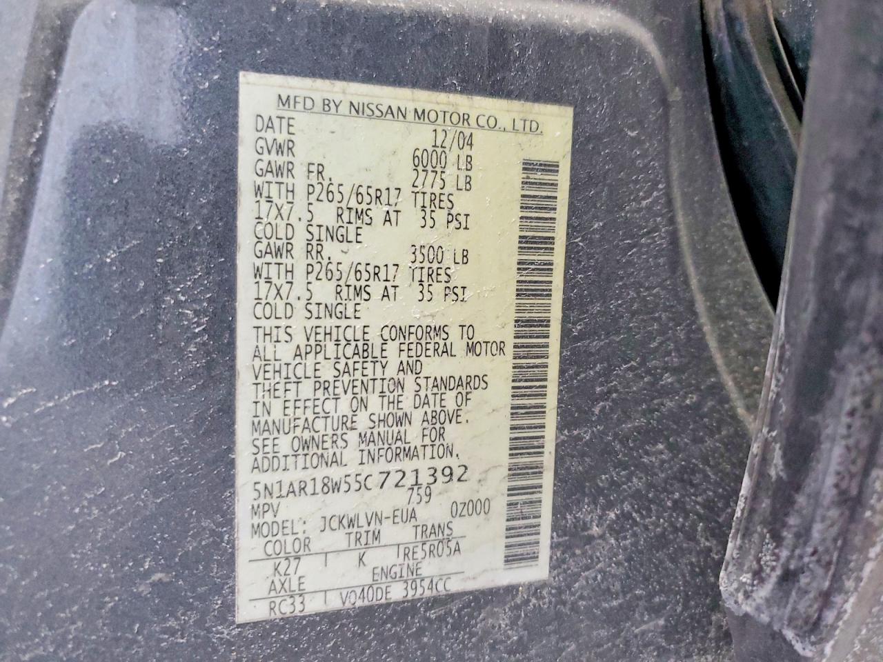 2005 Nissan Pathfinder Le Black vin: 5N1AR18W55C721392