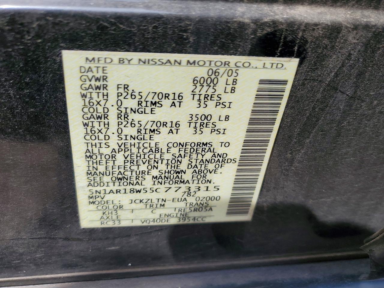 2005 Nissan Pathfinder Xe Black vin: 5N1AR18W55C773315