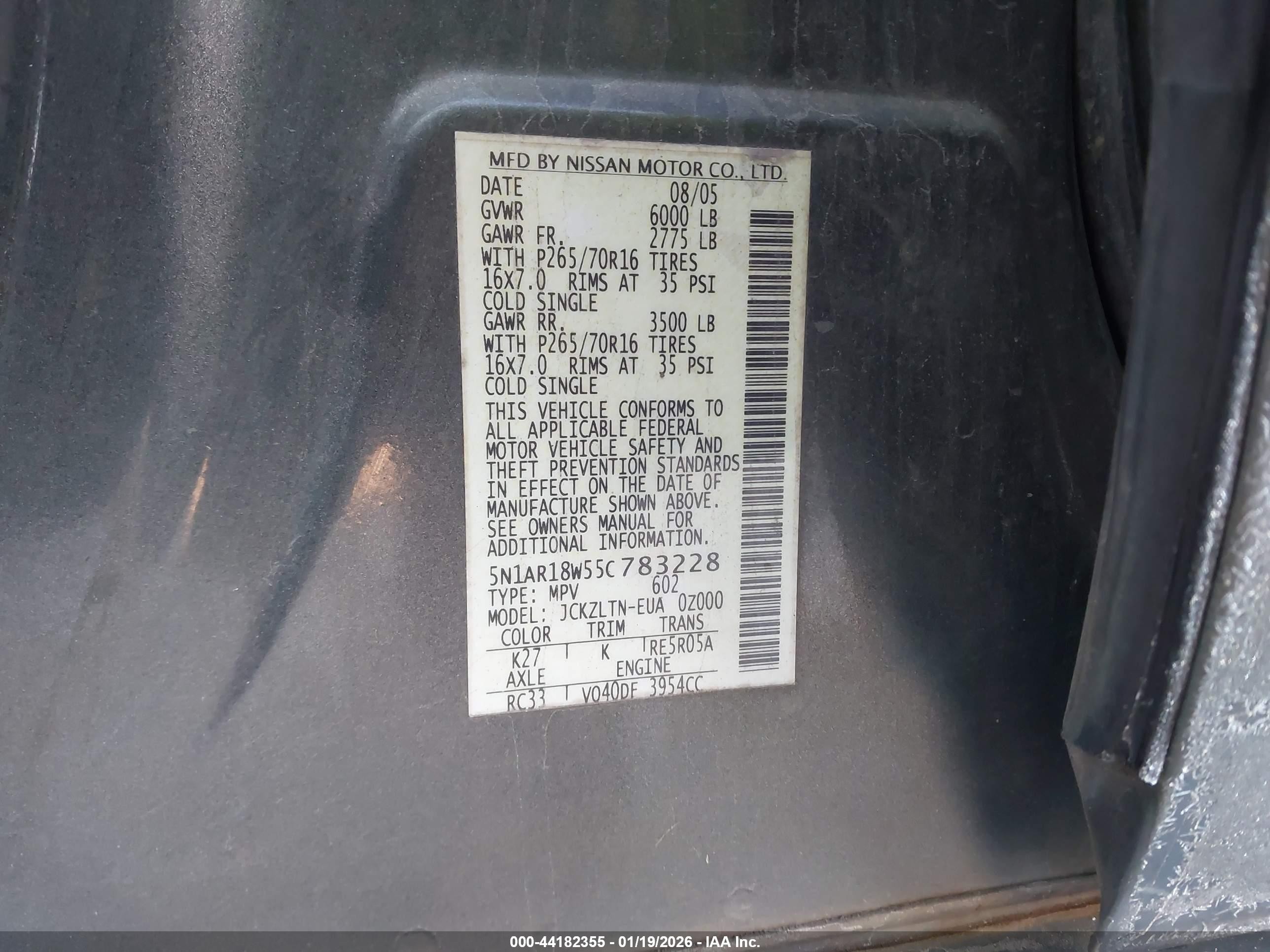 2005 Nissan Pathfinder Se Gray vin: 5N1AR18W55C783228