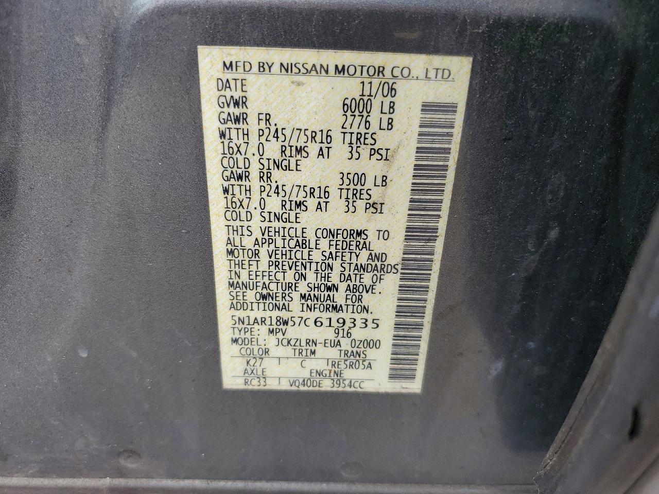 2007 Nissan Pathfinder Gray vin: 5N1AR18W57C619335