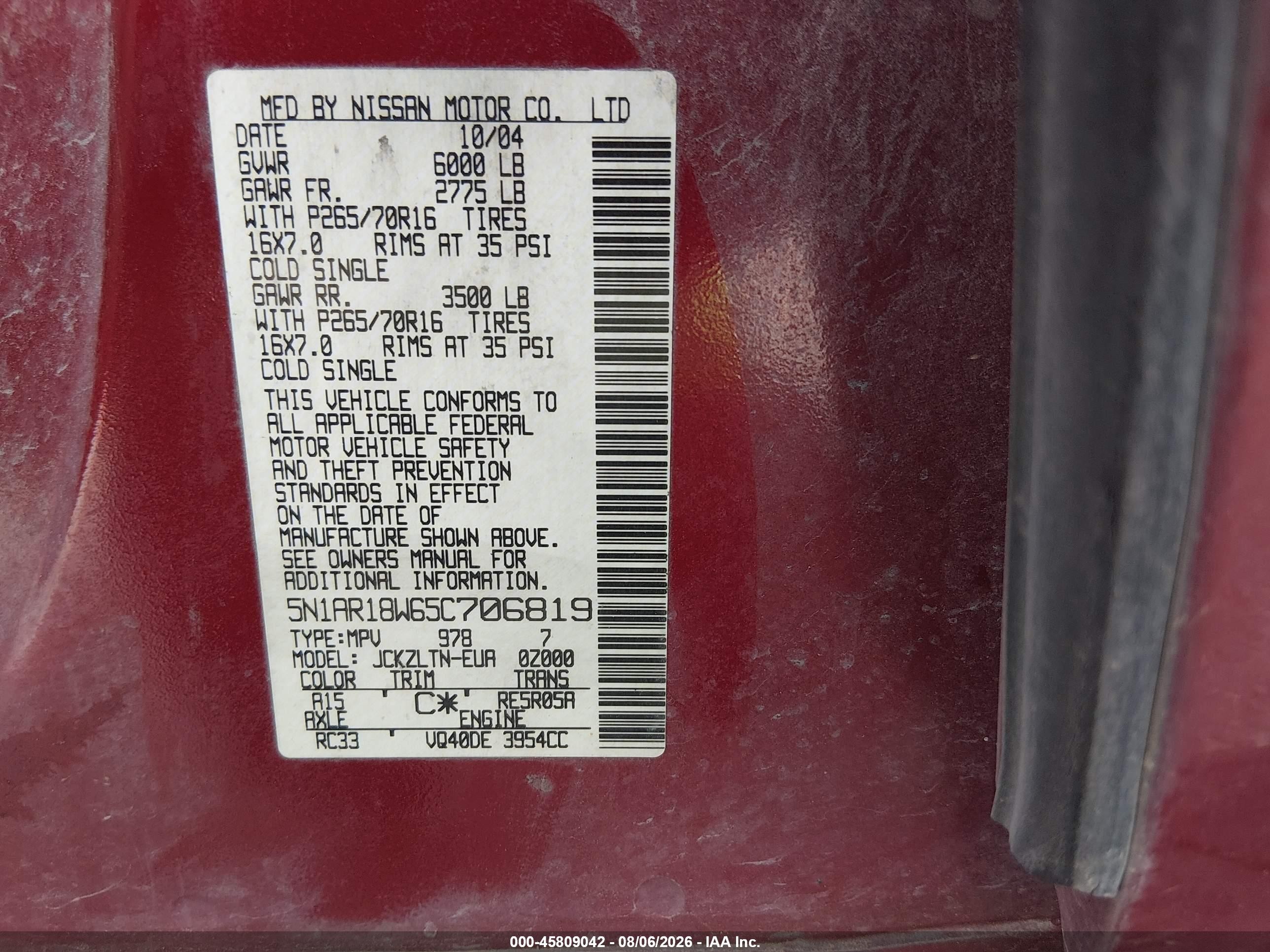 2005 Nissan Pathfinder Se Red vin: 5N1AR18W65C706819