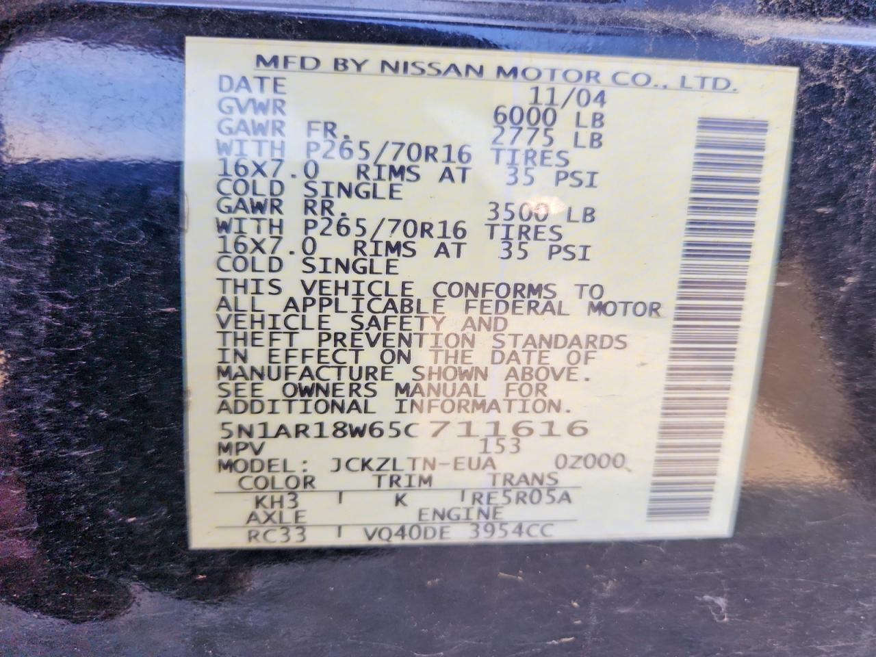 2005 Nissan Pathfinder Xe Black vin: 5N1AR18W65C711616