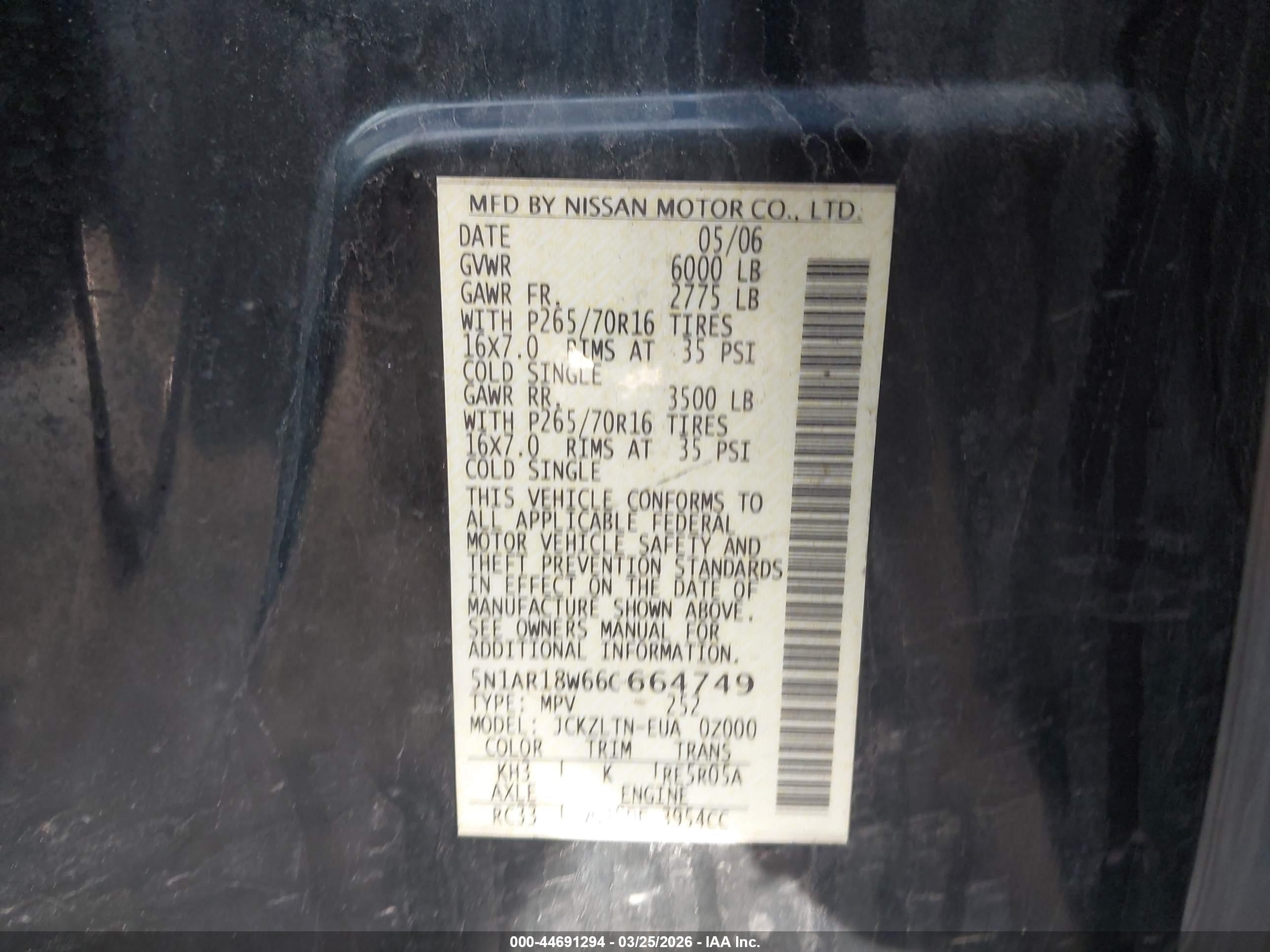 2006 Nissan Pathfinder Se Black vin: 5N1AR18W66C664749