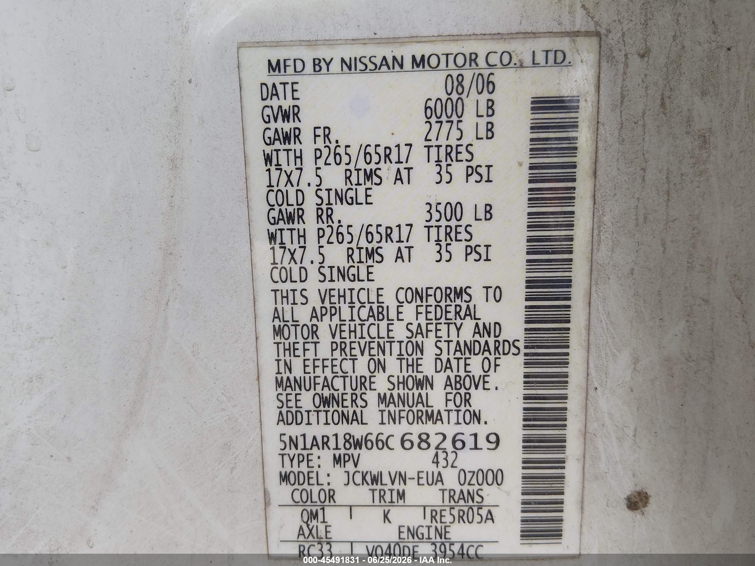 2006 Nissan Pathfinder Le White vin: 5N1AR18W66C682619