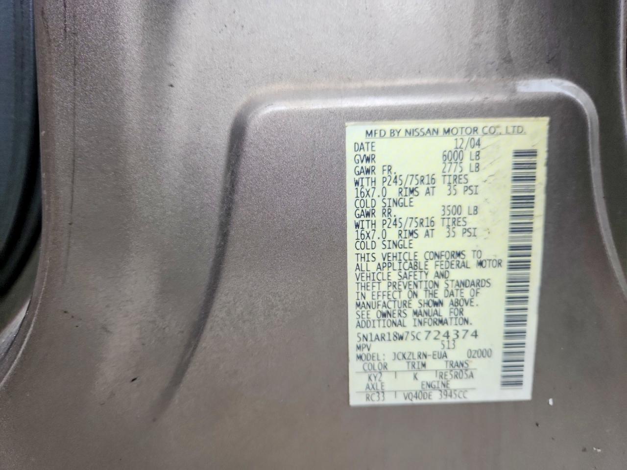 2005 Nissan Pathfinder Xe Tan vin: 5N1AR18W75C724374