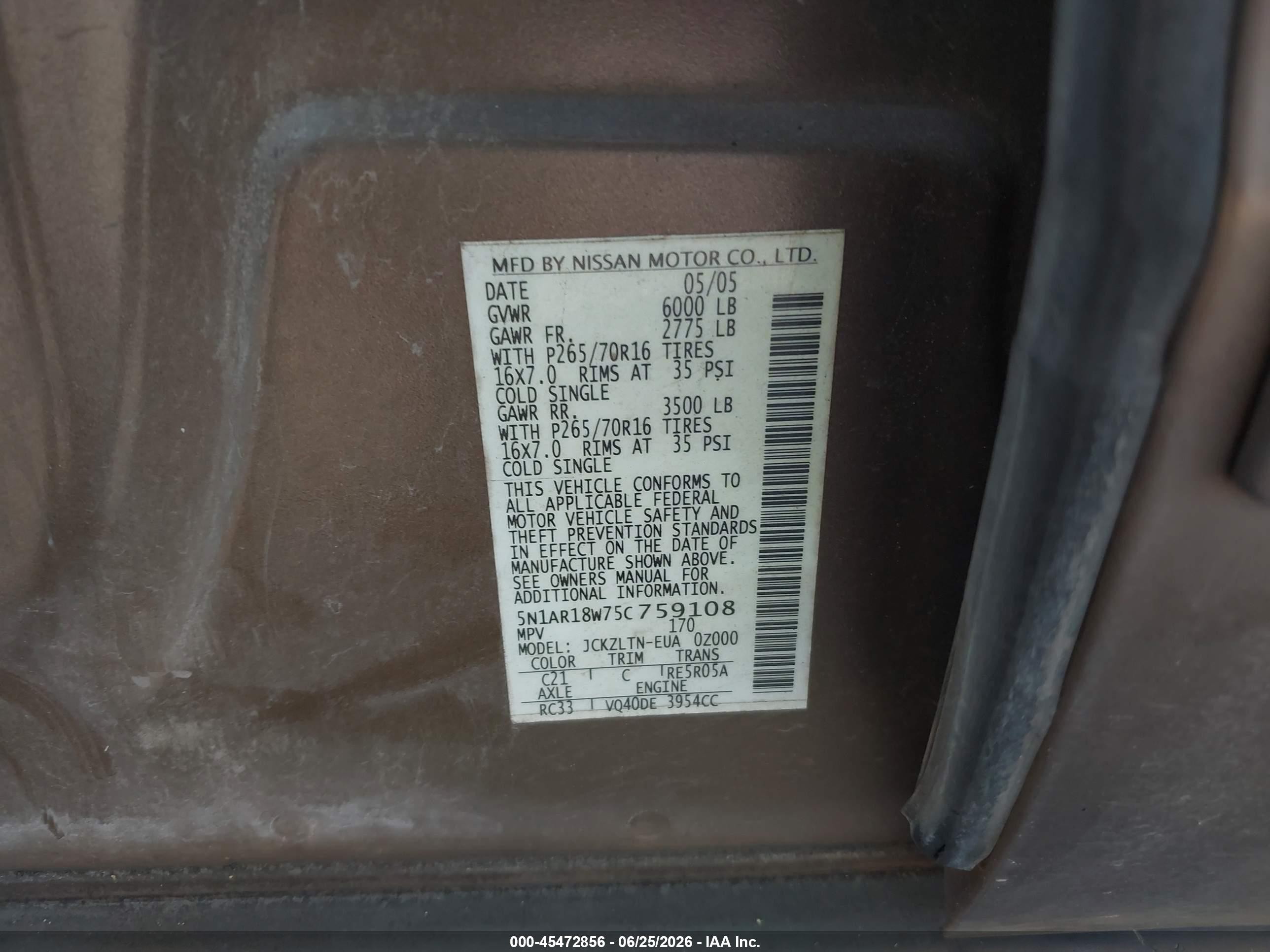 2005 Nissan Pathfinder Se Brown vin: 5N1AR18W75C759108