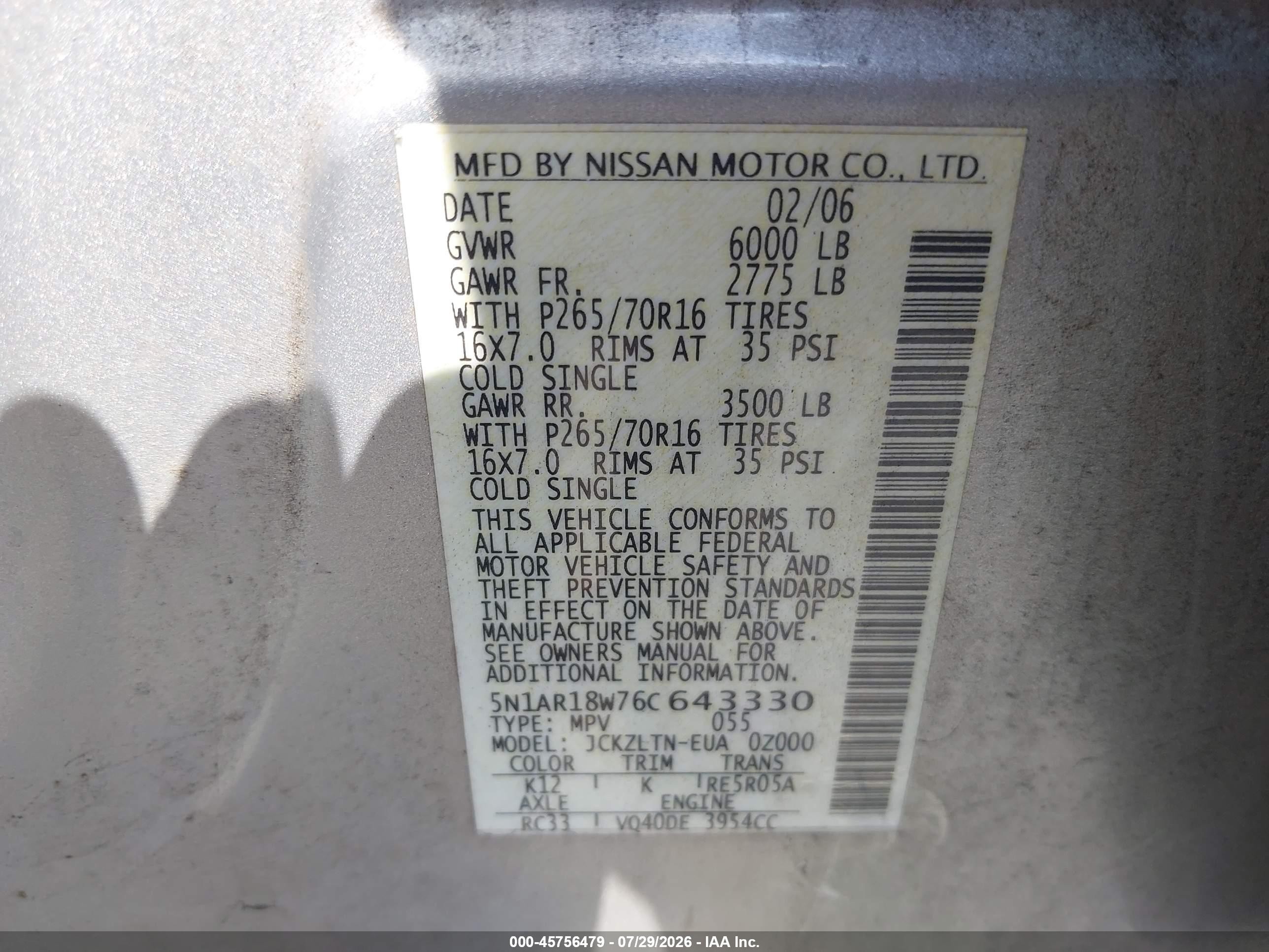 2006 Nissan Pathfinder Se Silver vin: 5N1AR18W76C643330