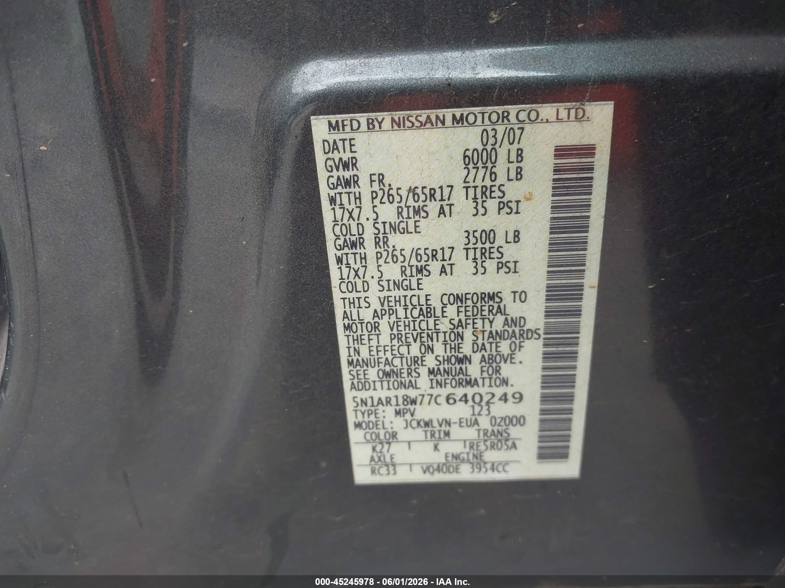 2007 Nissan Pathfinder Le Gray vin: 5N1AR18W77C640249