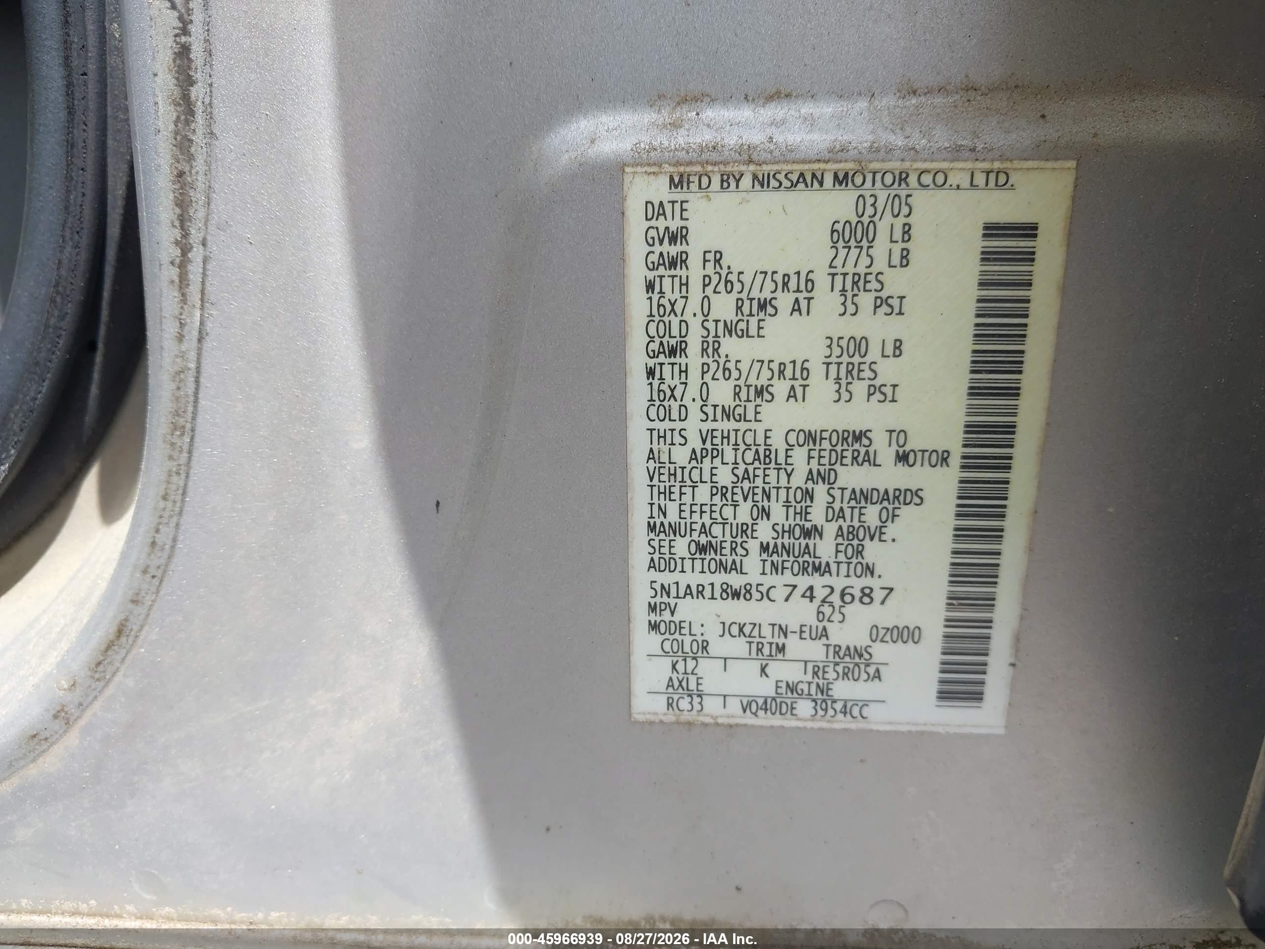2005 Nissan Pathfinder Se Off-road Silver vin: 5N1AR18W85C742687