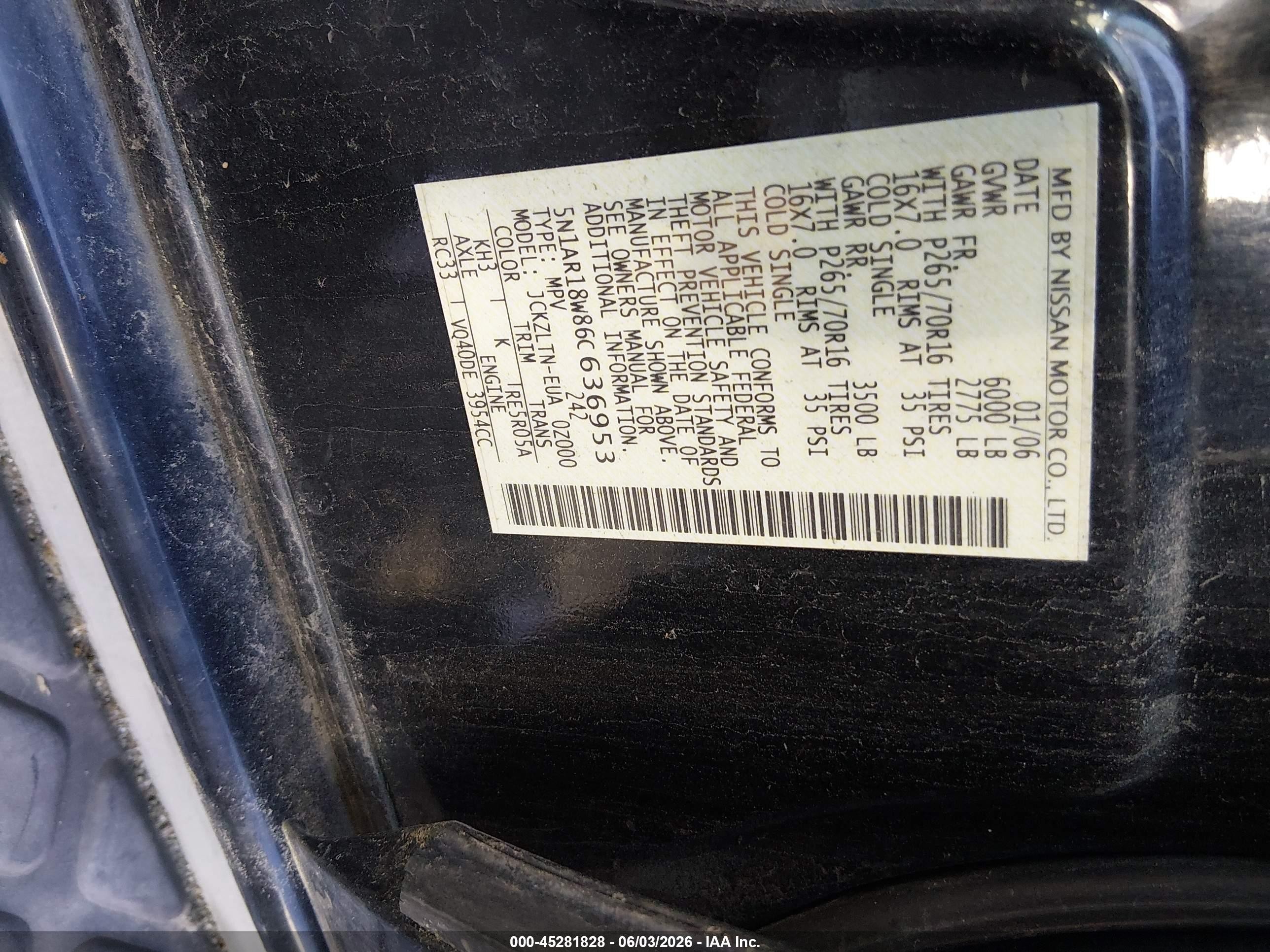 2006 Nissan Pathfinder Se Black vin: 5N1AR18W86C636953