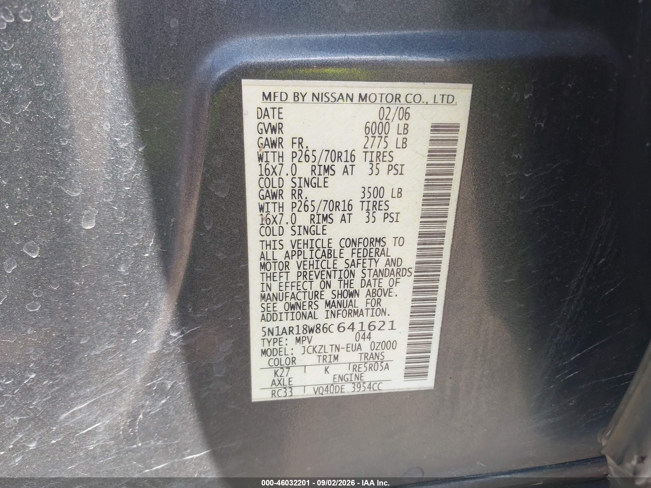 2006 Nissan Pathfinder Se Gray vin: 5N1AR18W86C641621