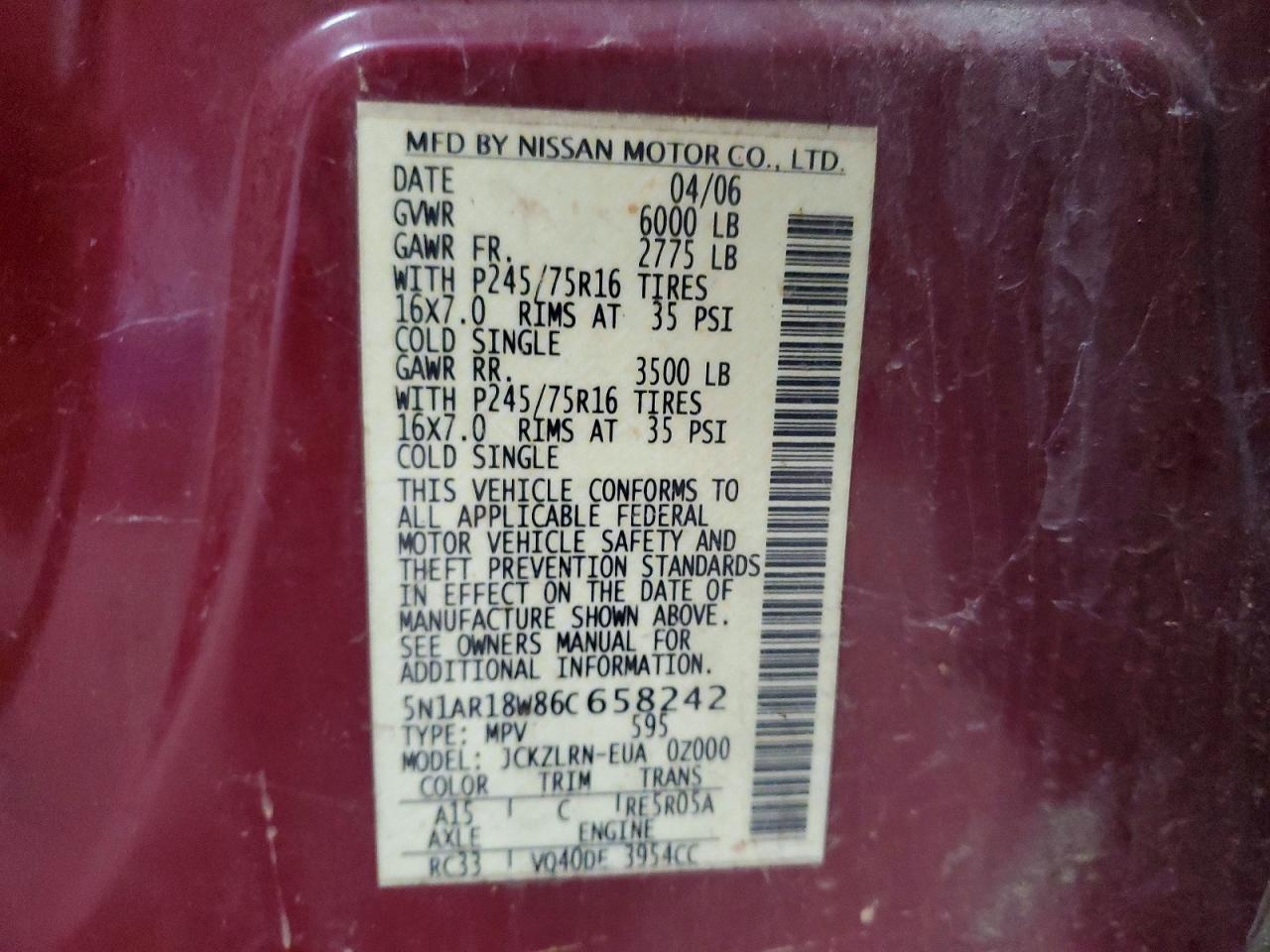 2006 Nissan Pathfinder S Red vin: 5N1AR18W86C658242