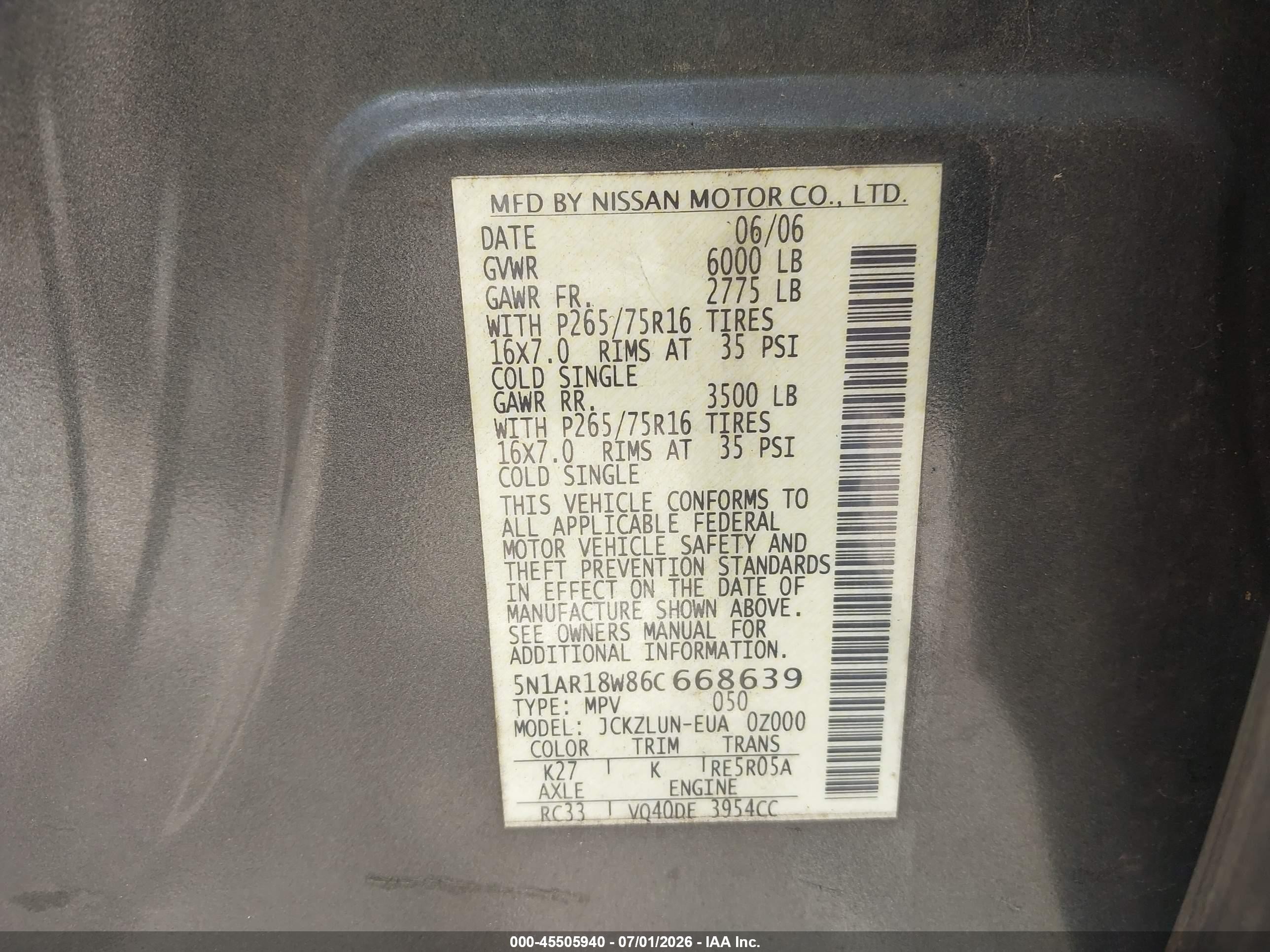 2006 Nissan Pathfinder Se Off-road Gray vin: 5N1AR18W86C668639