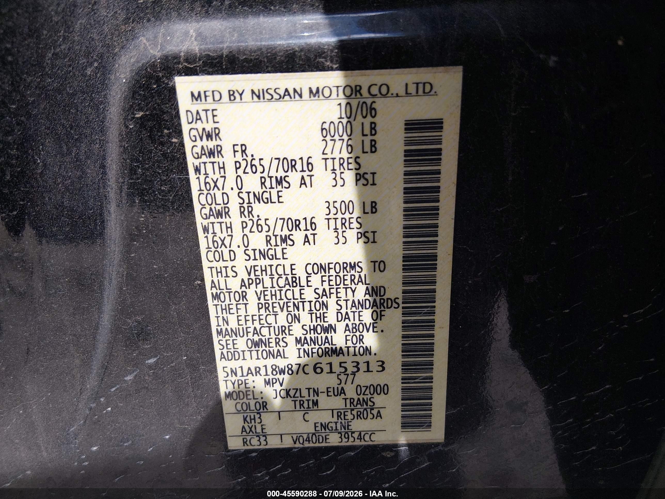 2007 Nissan Pathfinder Se Black vin: 5N1AR18W87C615313